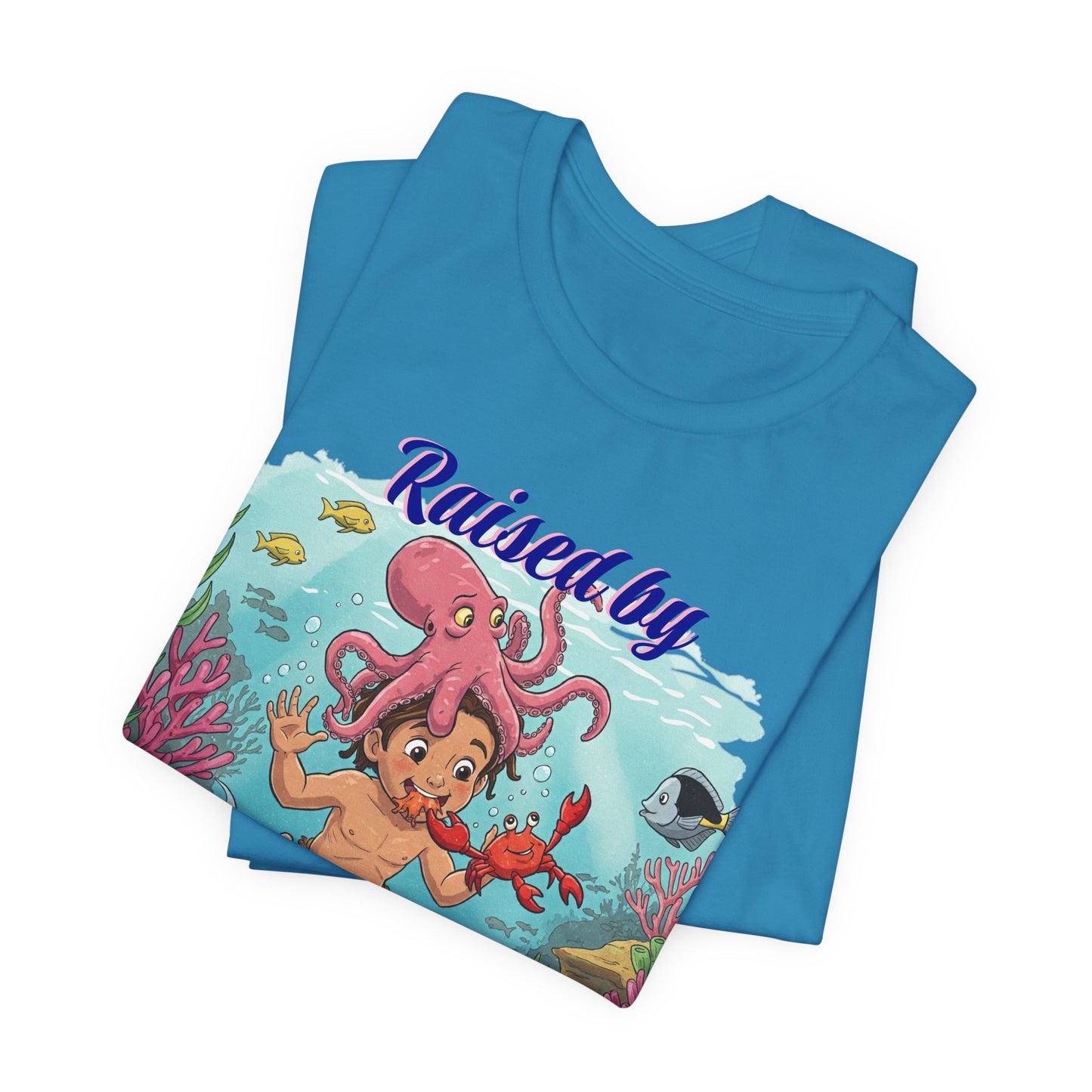 Ocean-Inspired Unisex Tee - Funny "Raised by Octopus", Fun Gift for Marine Lovers, Summer Beachwear, Cute Animal T-Shirt