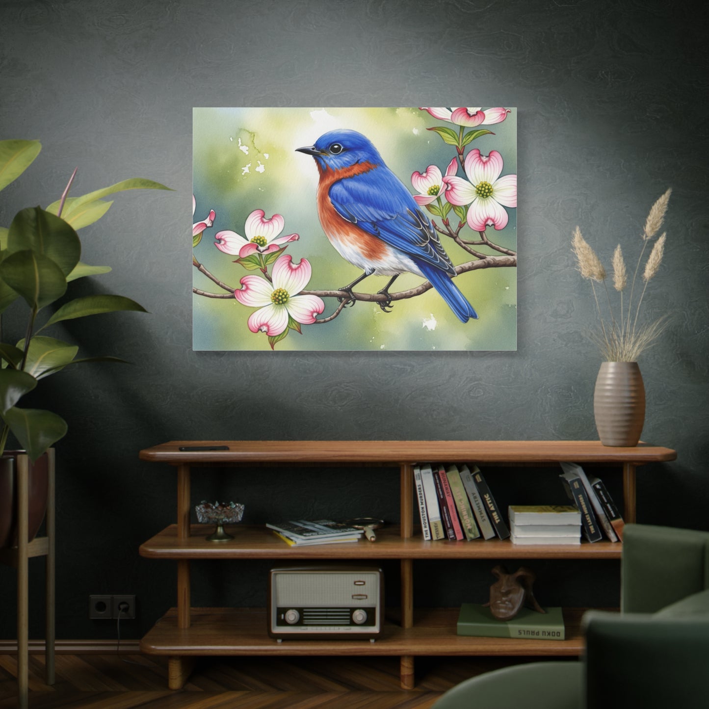 Bluebird and Dogwood Canvas Art Print, Nature Wall Decor, Home Interior Design, Gift for Bird Lovers, Spring Decoration
