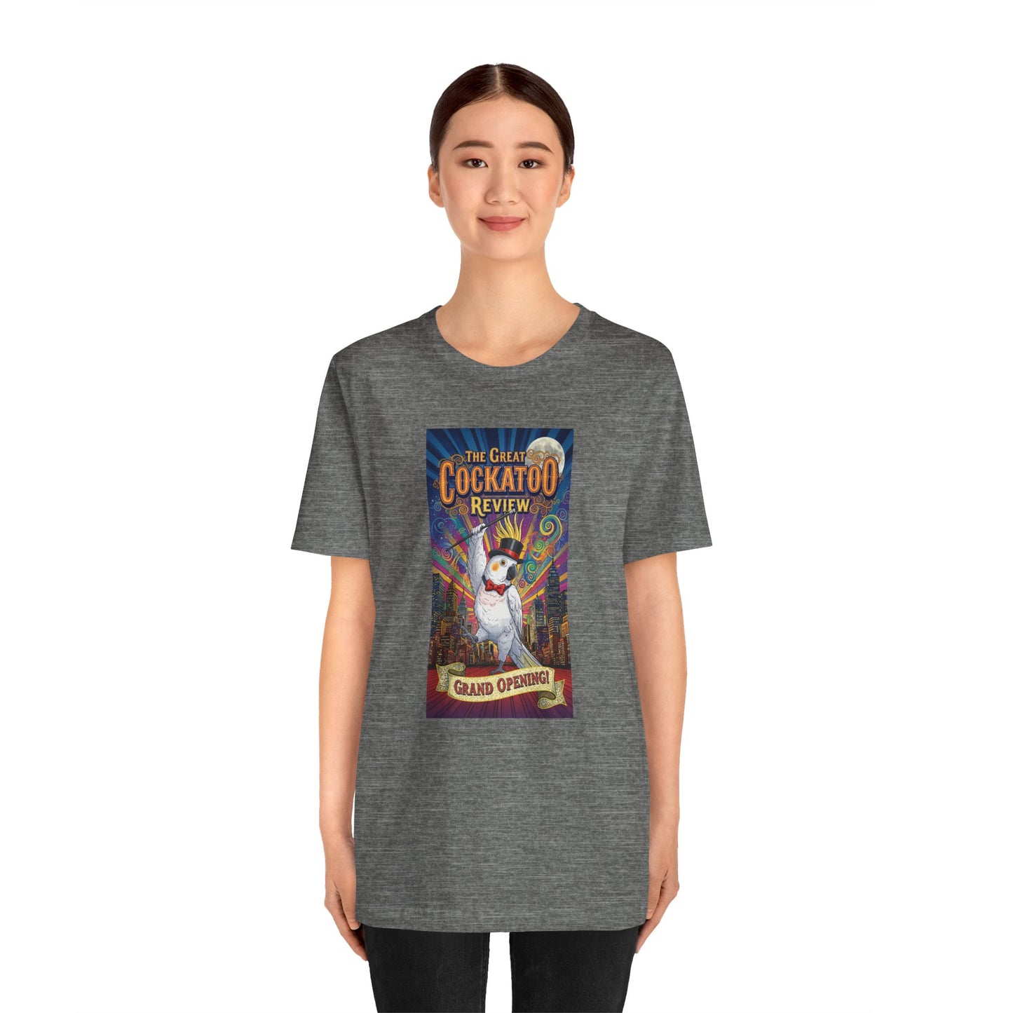 Grand Opening Cockatoo Review Tee - Funny Bird Graphic T-Shirt, Unique Gift for Cockatoo Owners, Casual Wear, Animal Lover Shirt