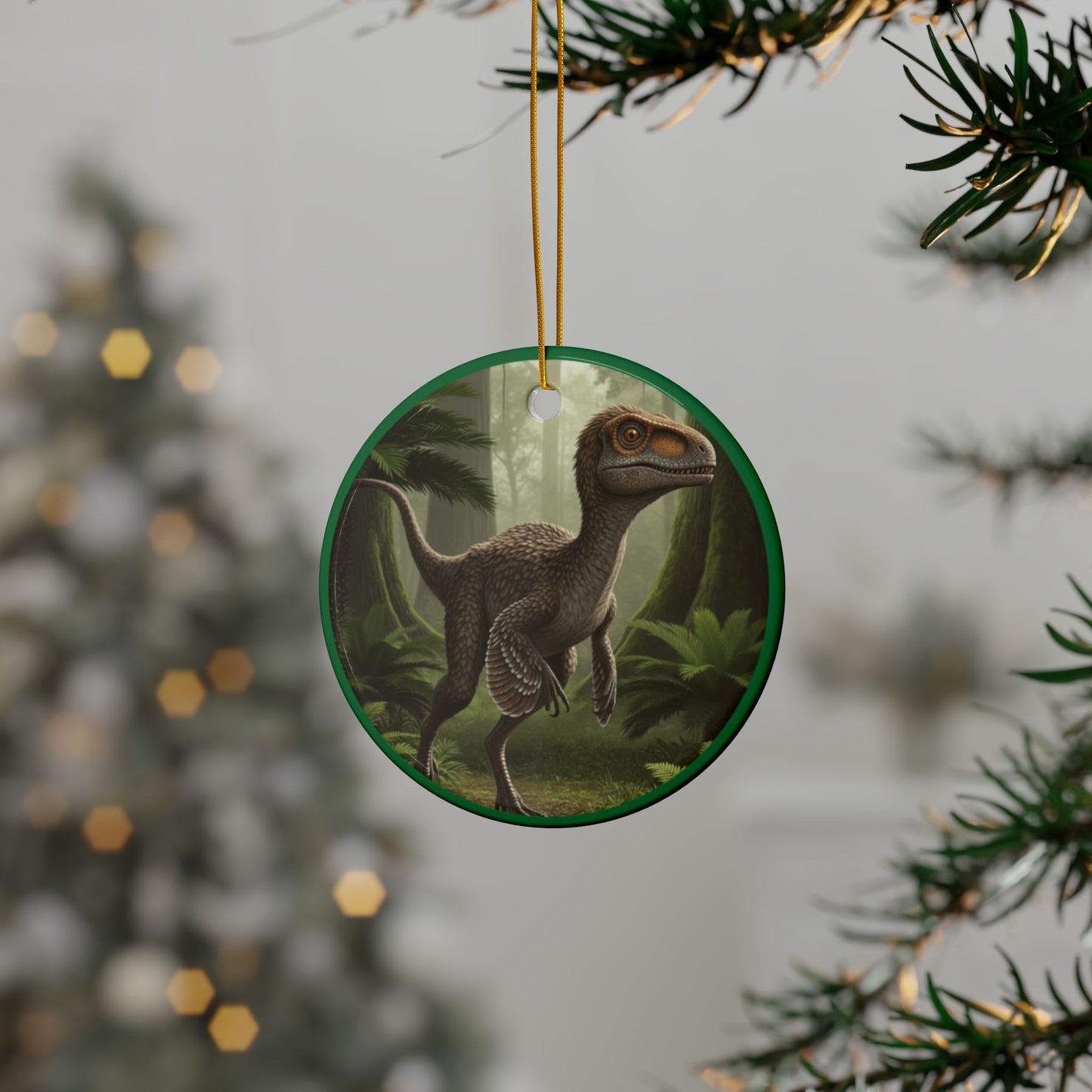 Troodon Jurassic Era Dinosaur Themed Ceramic Christmas Tree Ornaments, 2-Sided Collectible, Keepsake, Party Favor