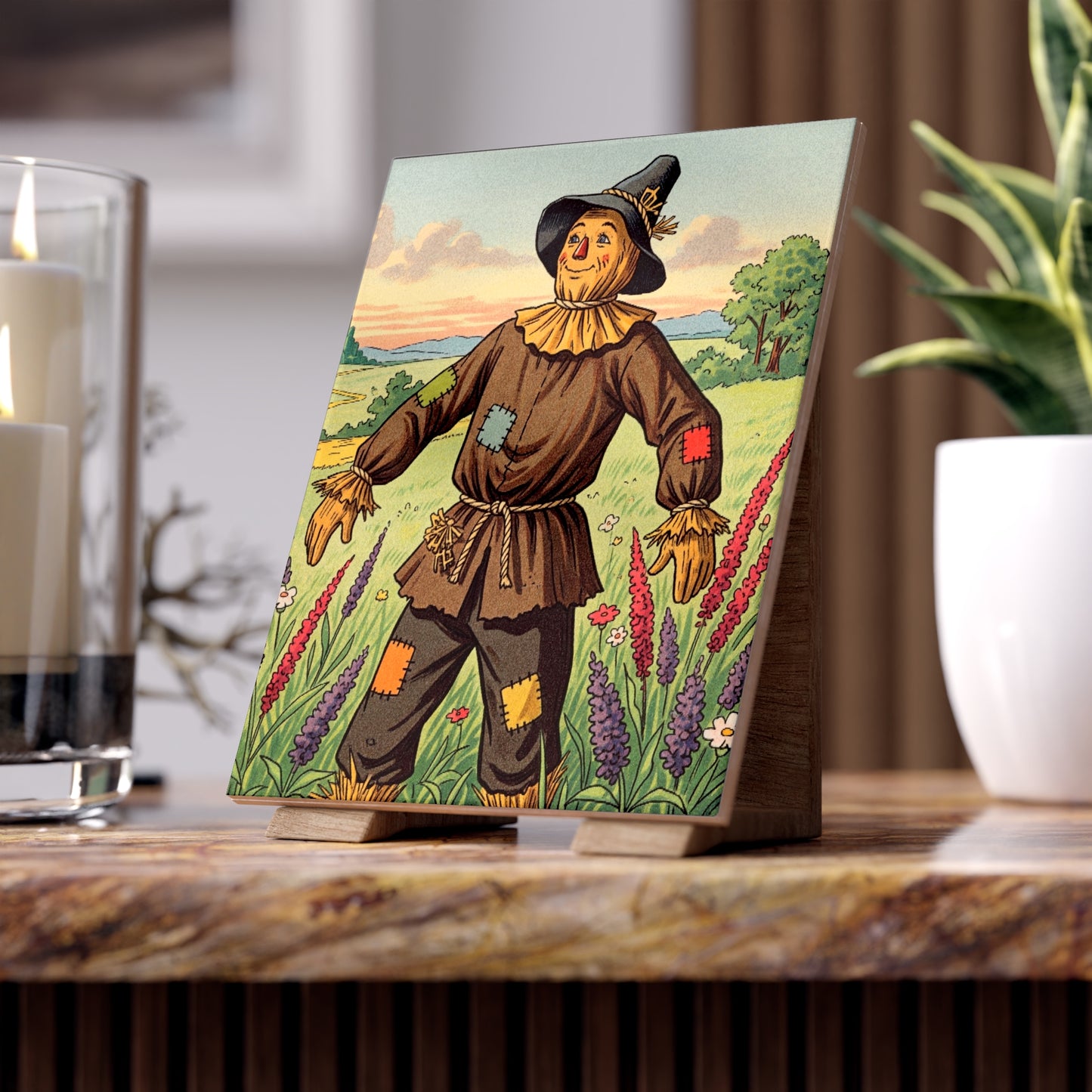 Ceramic Photo Tile - Wizard of Oz Scarecrow Illustrated Tile for Nursery or Baby Shower Gift, Personalizable Home Decor Accent, Vibrant
