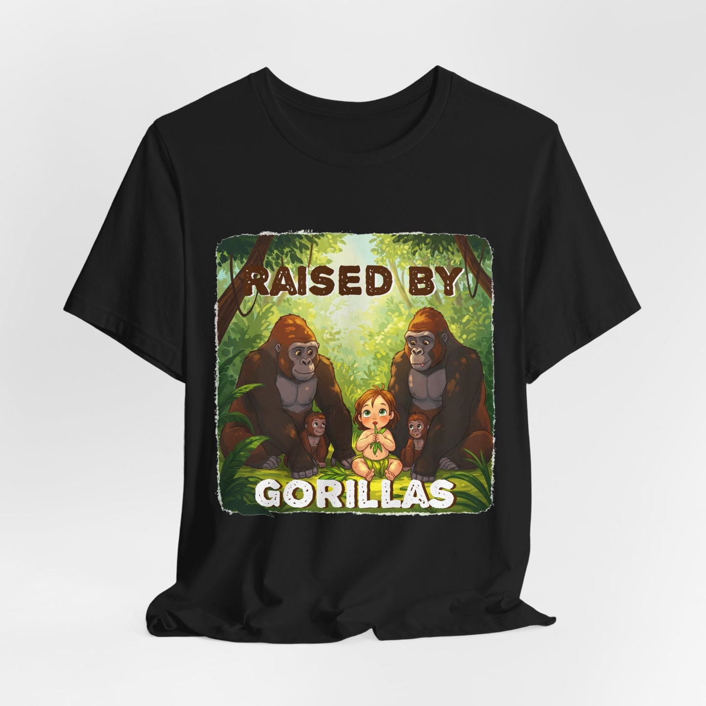 Funny Gorilla Graphic Tee - 'Raised by Gorillas' Unisex Jersey Shirt (Female character version) - Schmartypants