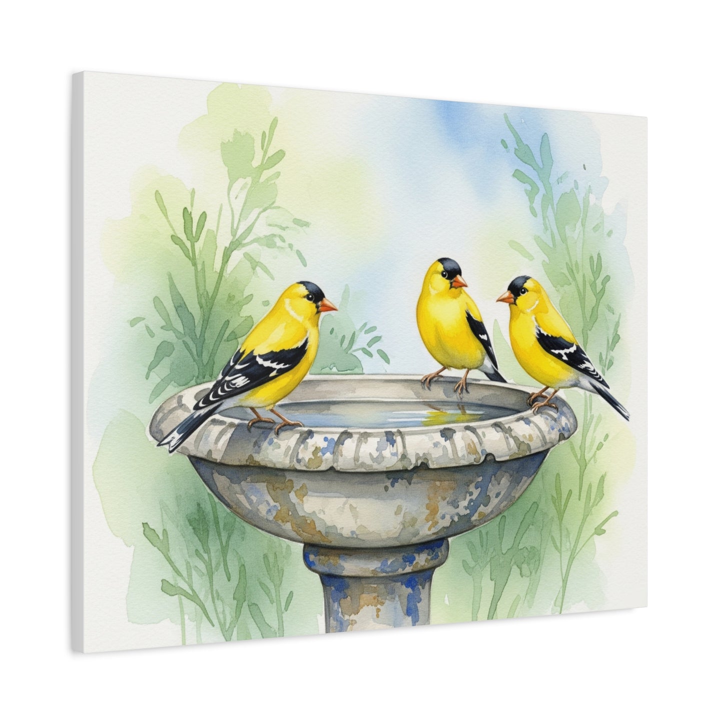 Goldfinches on Fountain Canvas Art, Nature Wall Decor, Yellow Finch Print, Home Decor, Gift for Bird Lovers, Spring Decoration