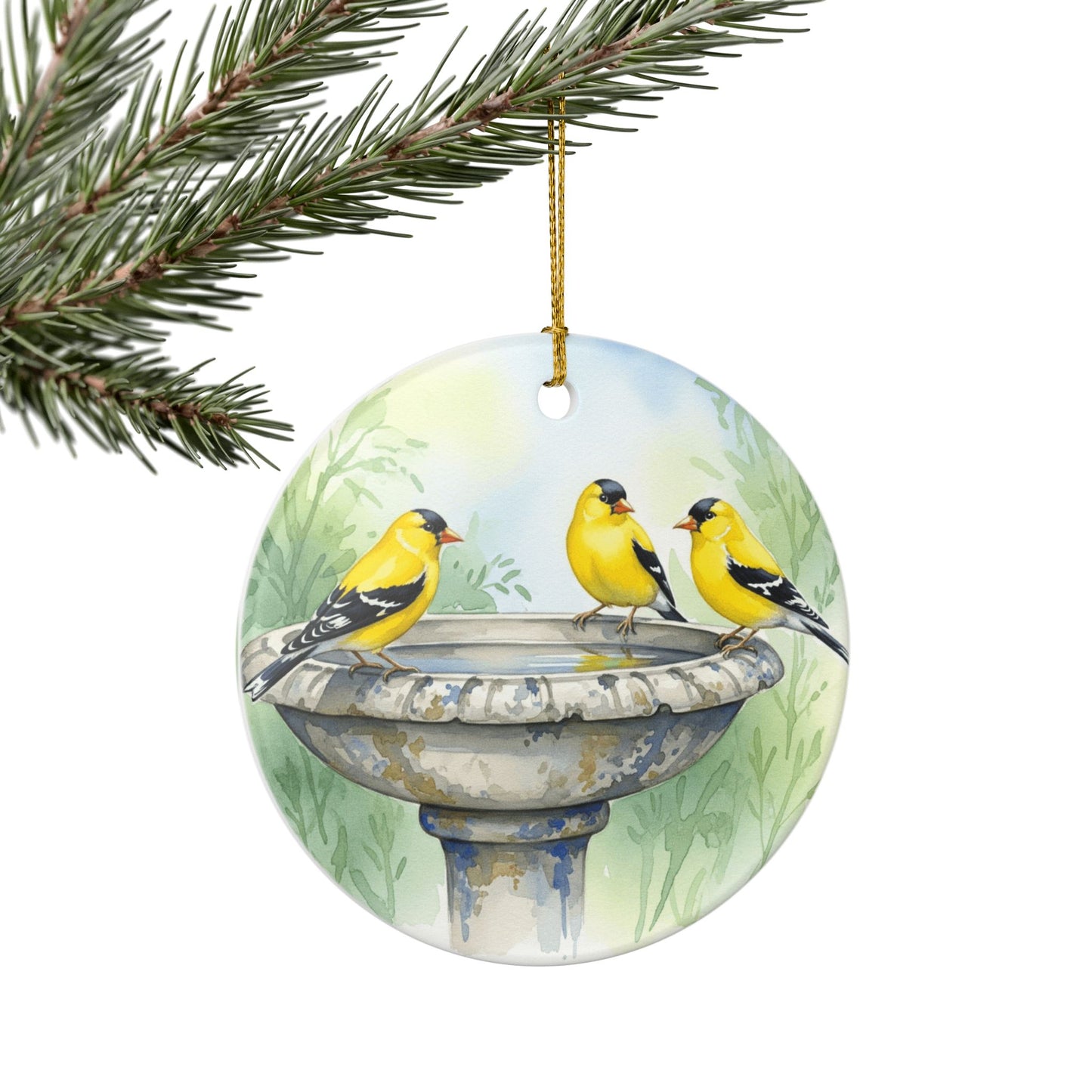 Beautiful Bird Bath Ceramic Ornament, Nature Decor, Gift for Bird Lovers, Goldfinches, Birdwatching, Holiday Decor, Home Decoration