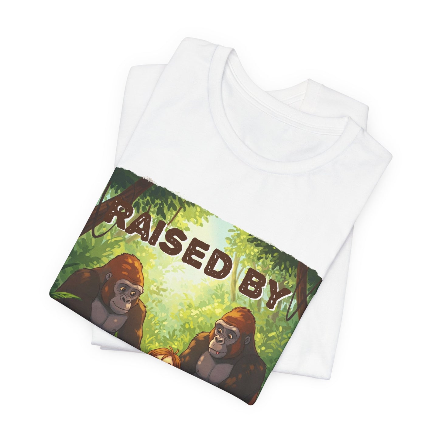 Funny Gorilla Graphic Tee - 'Raised by Gorillas' Unisex Jersey Shirt (Female character version) - Schmartypants