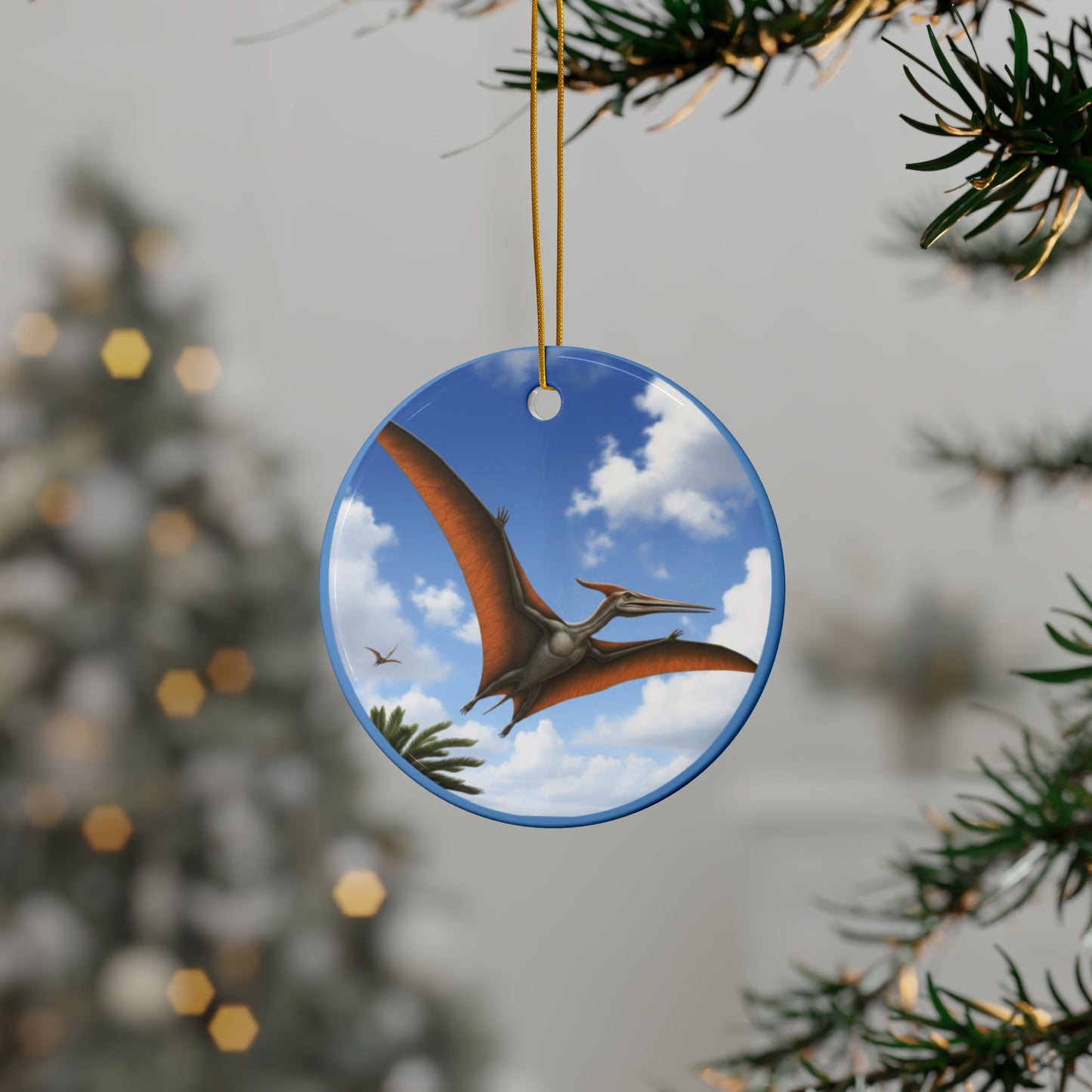 Pterosaur Dinosaur-Themed Ceramic Ornaments for Holiday Decor, 2-Sided Print for Kids, Christmas Tree, Birthdays, Jurassic Era Party Favors