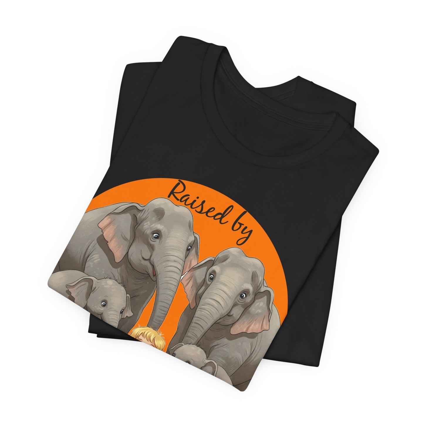 Funny Raised by Elephants Unisex Short Sleeve Tee - Perfect for Animal Lovers, Wildlife Fans (Women's Character version) - Schmartypants