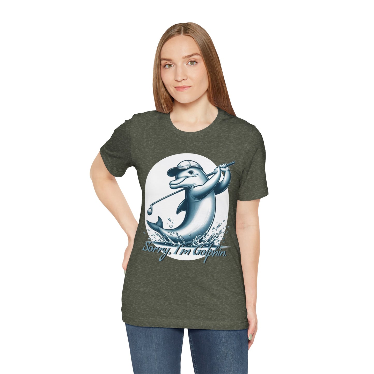 Funny Dolphin Golfing Tee - "Sorry, I’m Golphin" Unisex Jersey Short Sleeve Shirt - Dad Joke and Golfers Gift - Schmartypants