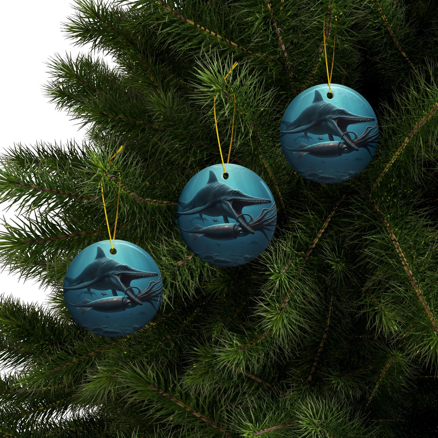 Ceramic Ornaments, Plesiosaurus Dinosaur Holiday Tree Decor, 2-Side Print, (1pc, 3pcs, 5pcs, 10pcs), Great Gift for Dino Lovers, Jurassic