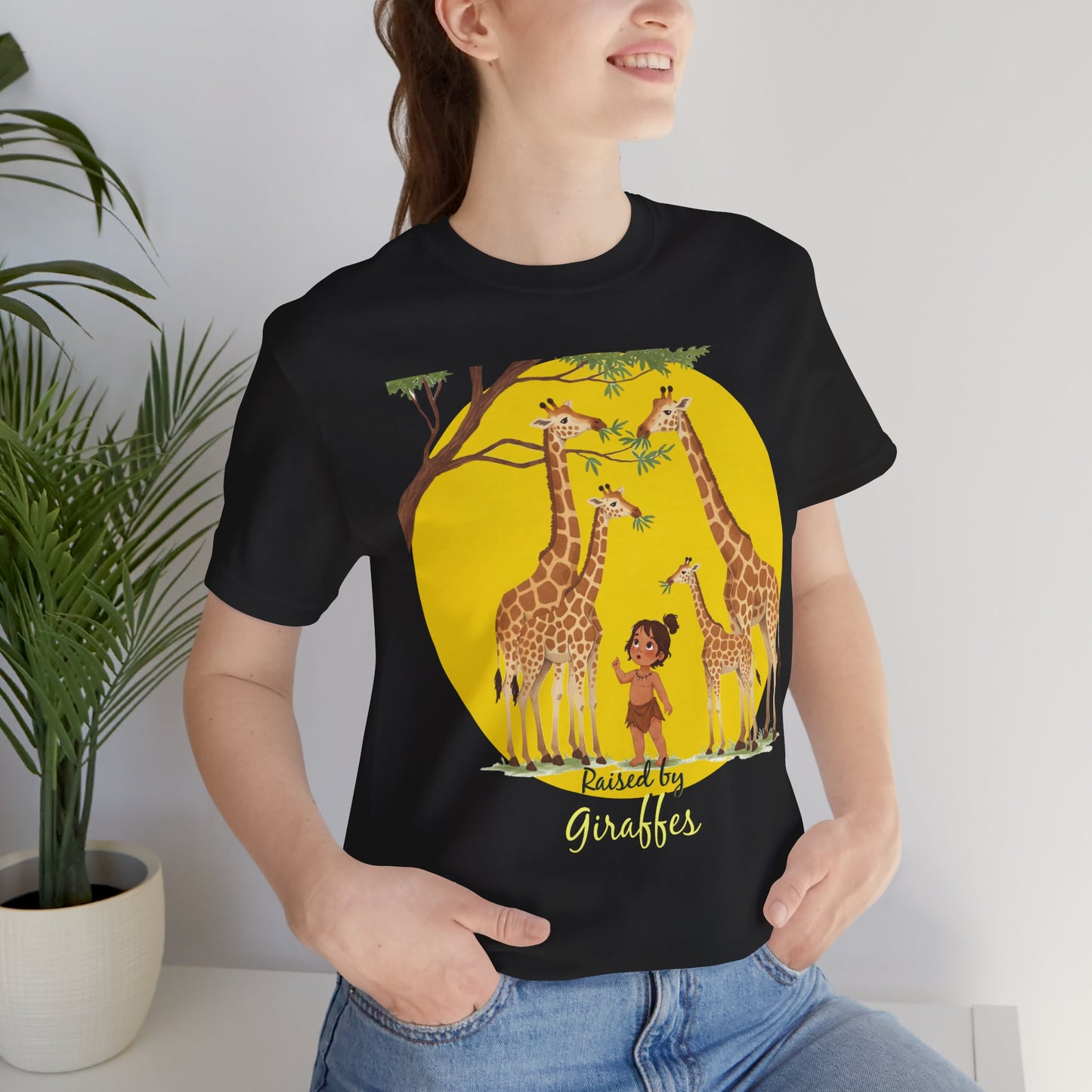 Raised by Giraffes Unisex T-Shirt - Funny Animal Lover Tee - Giraffe Lovers, Wildlife Enthusiasts (Female Character) - Schmartypants