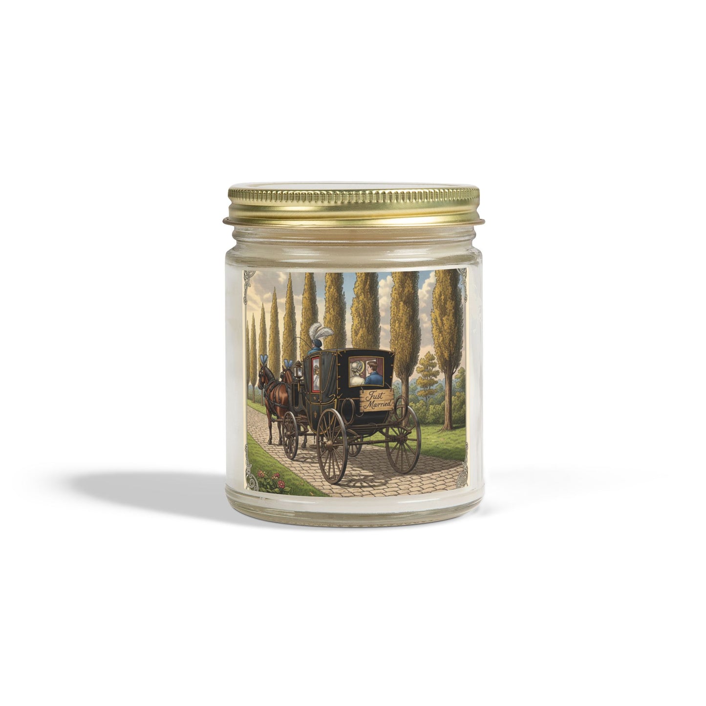 Scented Candles, Elegant 'Just Married' Carriage Ride Wedding Reception Gift, Coconut Apricot Wax Candle, Swag Item for Special Occasion