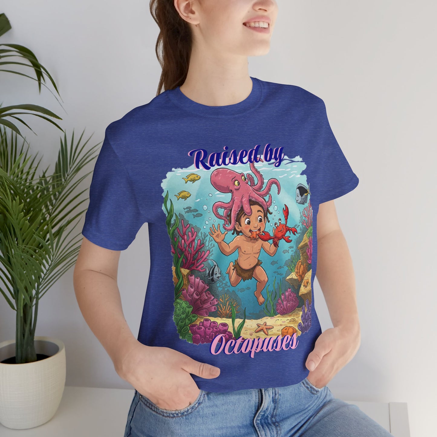 Ocean-Inspired Unisex Tee - Funny "Raised by Octopus", Fun Gift for Marine Lovers, Summer Beachwear, Cute Animal T-Shirt