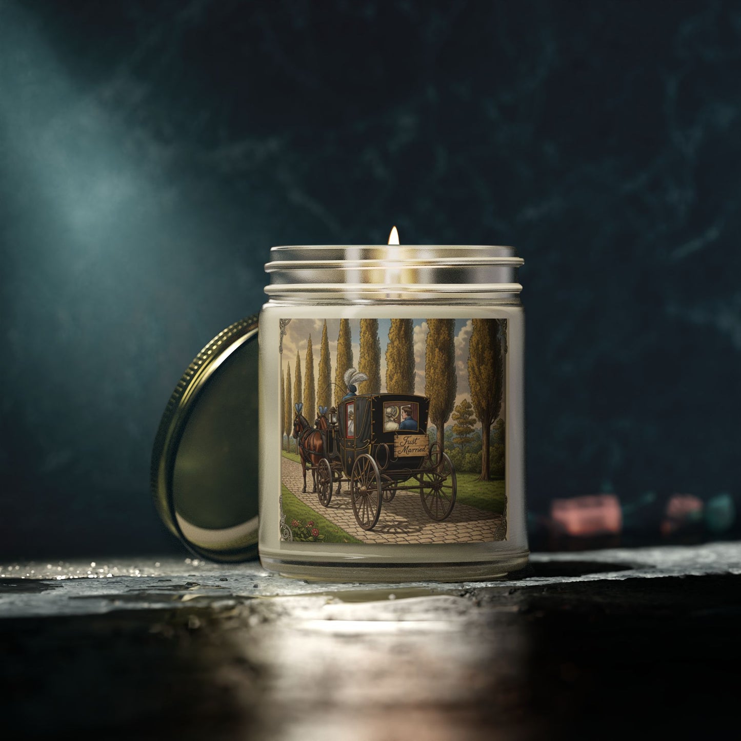 Scented Candles, Elegant 'Just Married' Carriage Ride Wedding Reception Gift, Coconut Apricot Wax Candle, Swag Item for Special Occasion