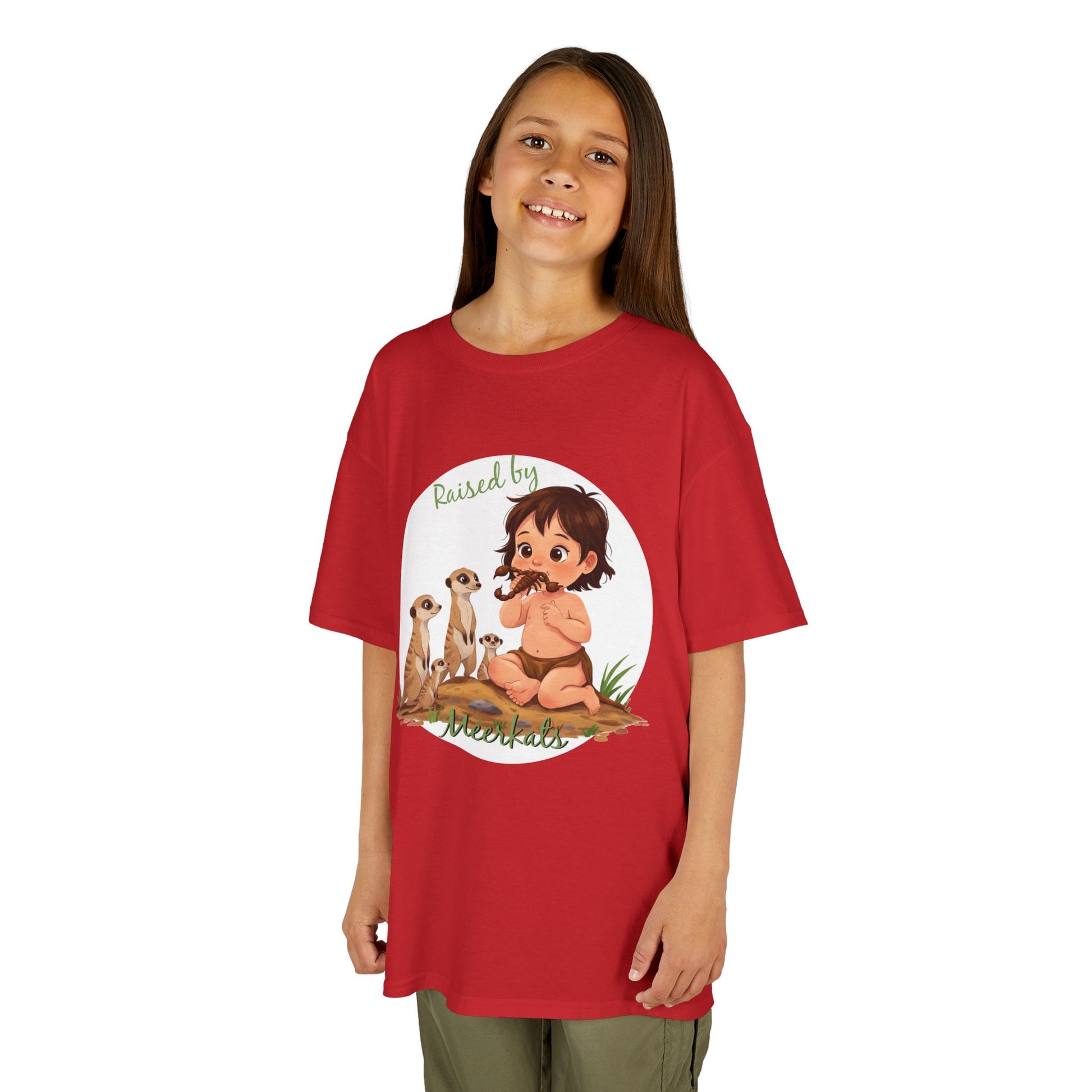 Sweet and Funny 'Raised by Meerkats' Kids Heavy Cotton™ Tee for Girls Who Love Meerkats, Wildlife - Schmartypants