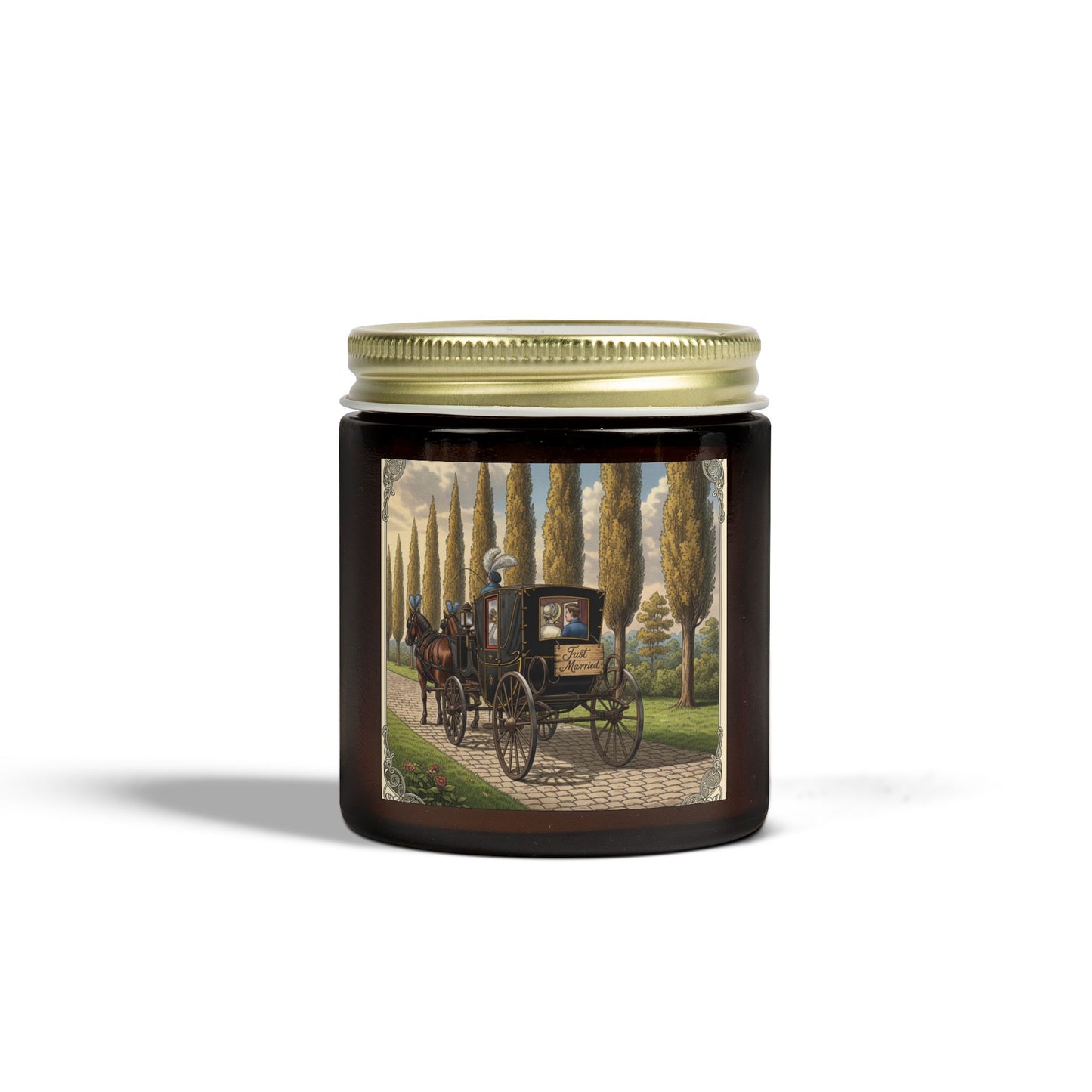 Scented Candles, Elegant 'Just Married' Carriage Ride Wedding Reception Gift, Coconut Apricot Wax Candle, Swag Item for Special Occasion