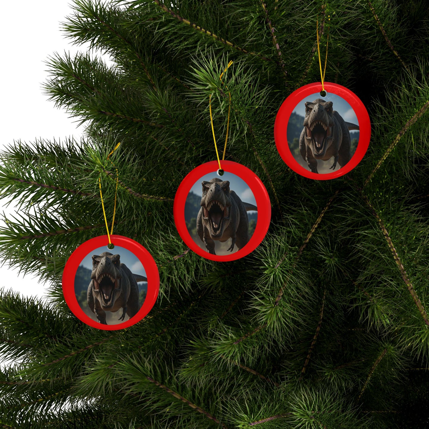 Roaring T-Rex Jurassic Era Dinosaur Ceramic Christmas Tree Ornaments, 2-Sided Keepsakes, Collectibles, Party Favors