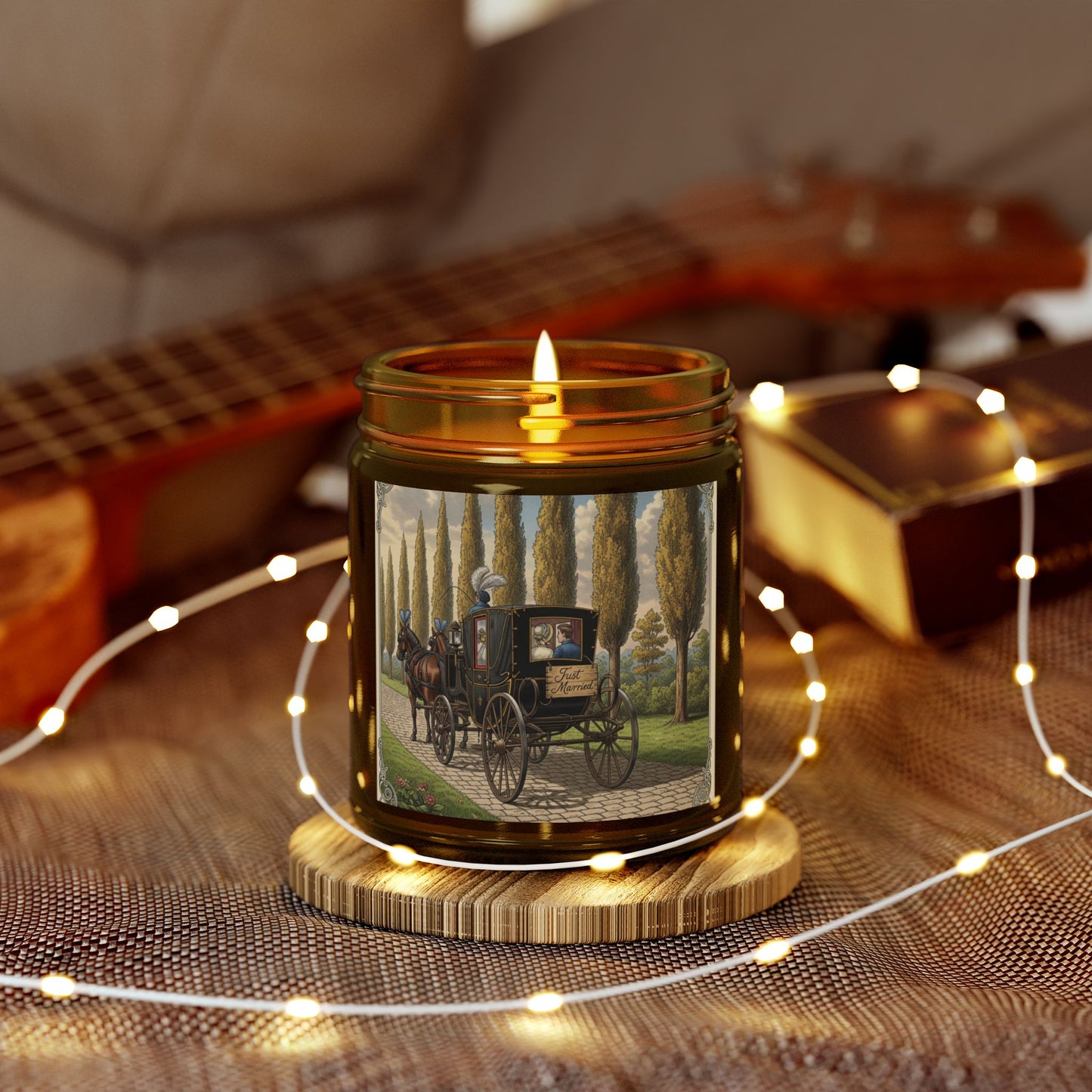 Scented Candles, Elegant 'Just Married' Carriage Ride Wedding Reception Gift, Coconut Apricot Wax Candle, Swag Item for Special Occasion