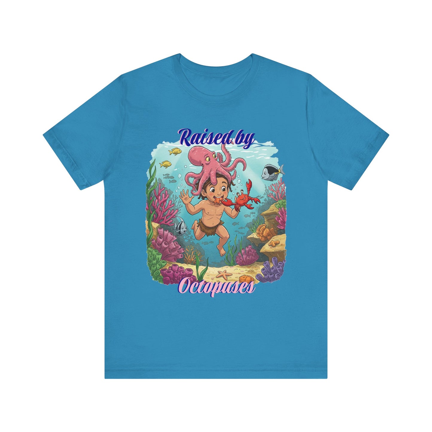 Ocean-Inspired Unisex Tee - Funny "Raised by Octopus", Fun Gift for Marine Lovers, Summer Beachwear, Cute Animal T-Shirt