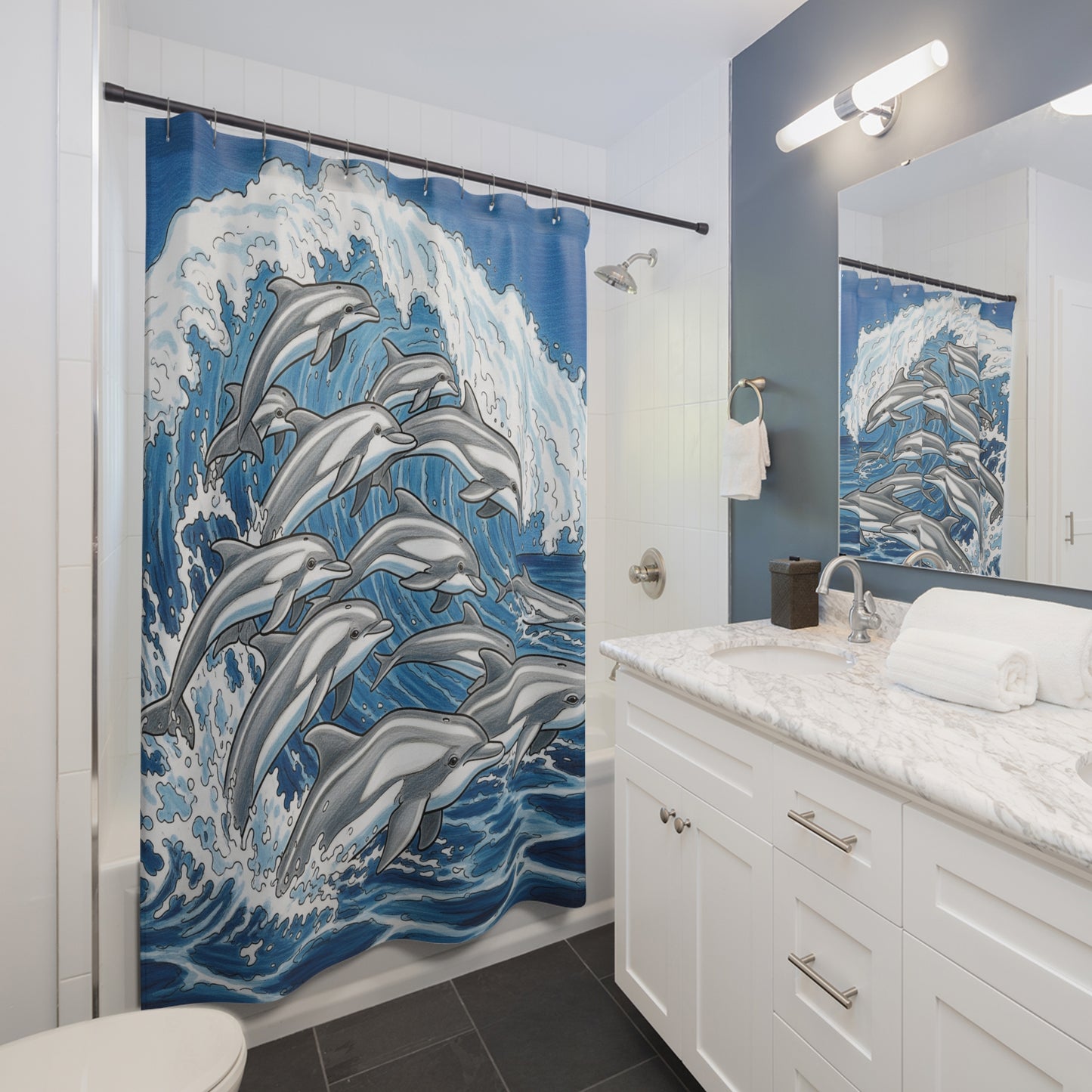Dolphin Wave Shower Curtain, Ocean Bathroom Decor, Nautical Theme, Beach House Accessory, Gift for Marine Lovers