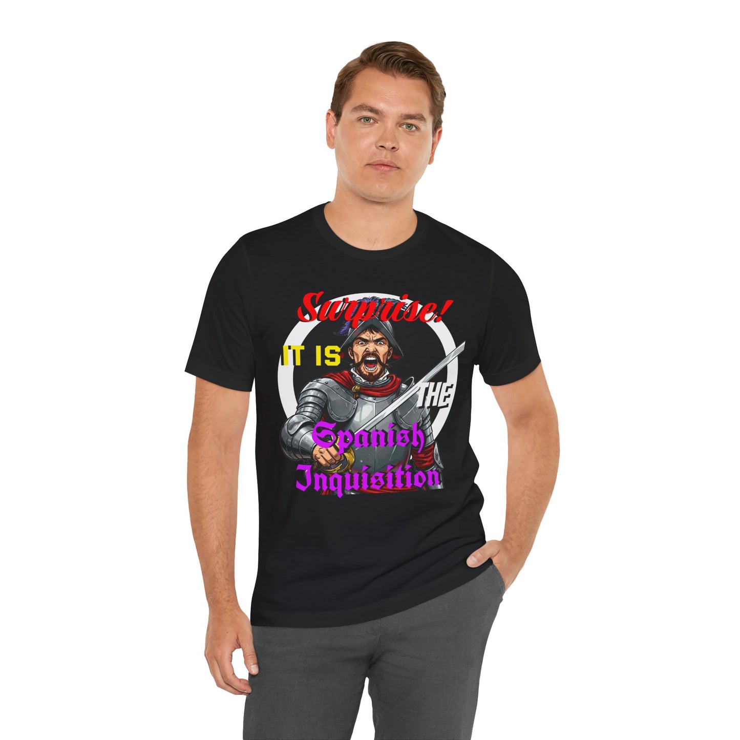 Hilarious Spanish Inquisition T-Shirt, British Humor Tee, Unisex Short Sleeve, Ideal for Parties, Gifts, Comedy Lovers