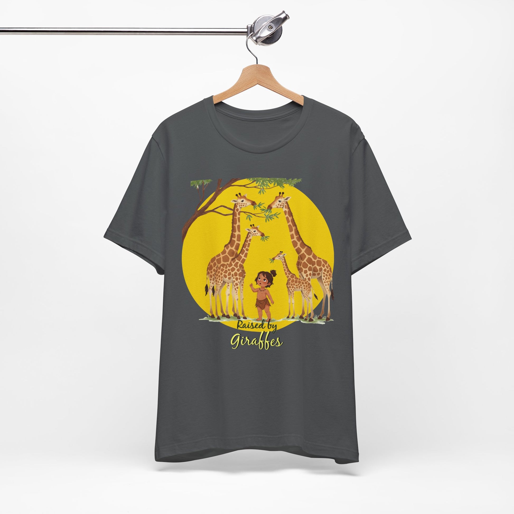 Raised by Giraffes Unisex T-Shirt - Funny Animal Lover Tee - Giraffe Lovers, Wildlife Enthusiasts (Female Character) - Schmartypants
