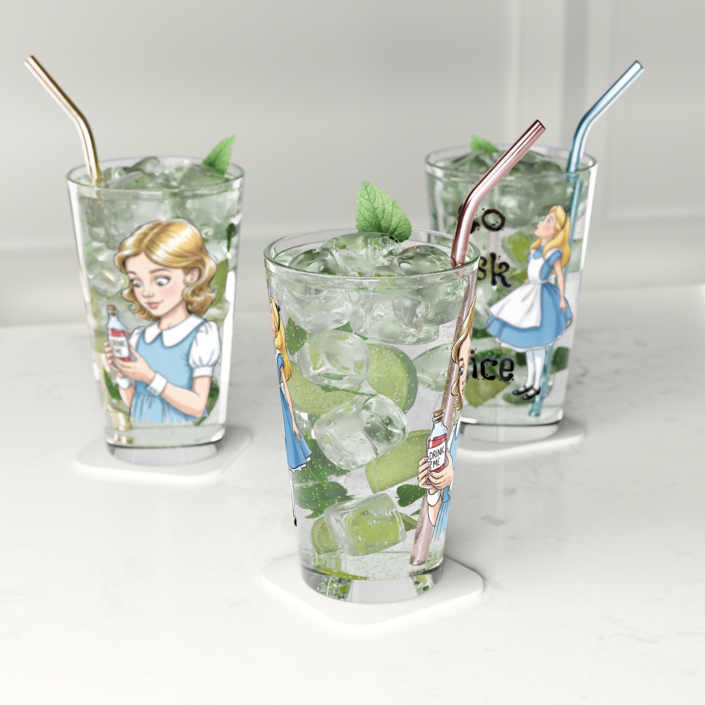Alice in Wonderland 'Drink Me' Pint Glass, 16oz, 'Go Ask Alice' Fantasy Novelty Glassware, Fun Drinkware