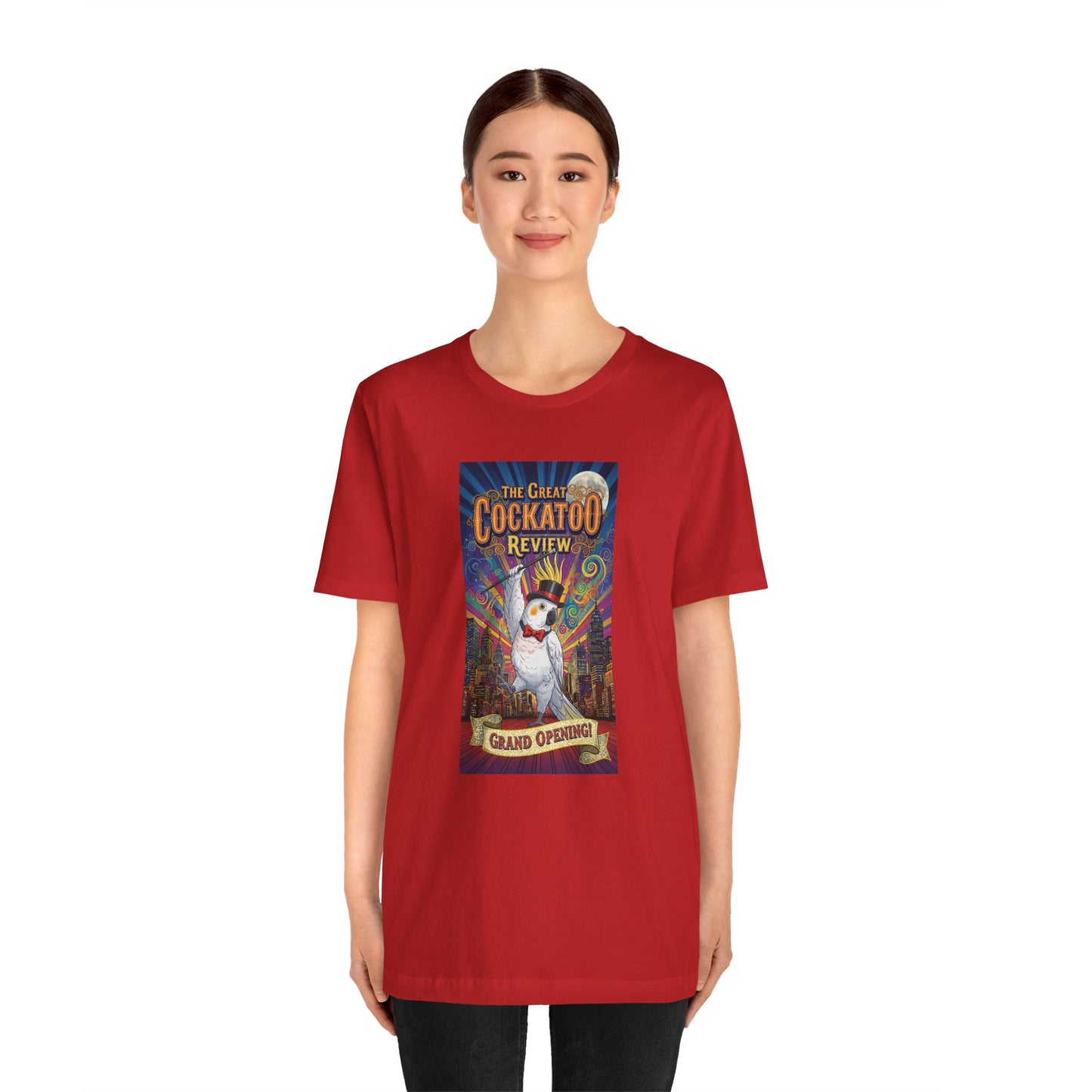 Grand Opening Cockatoo Review Tee - Funny Bird Graphic T-Shirt, Unique Gift for Cockatoo Owners, Casual Wear, Animal Lover Shirt