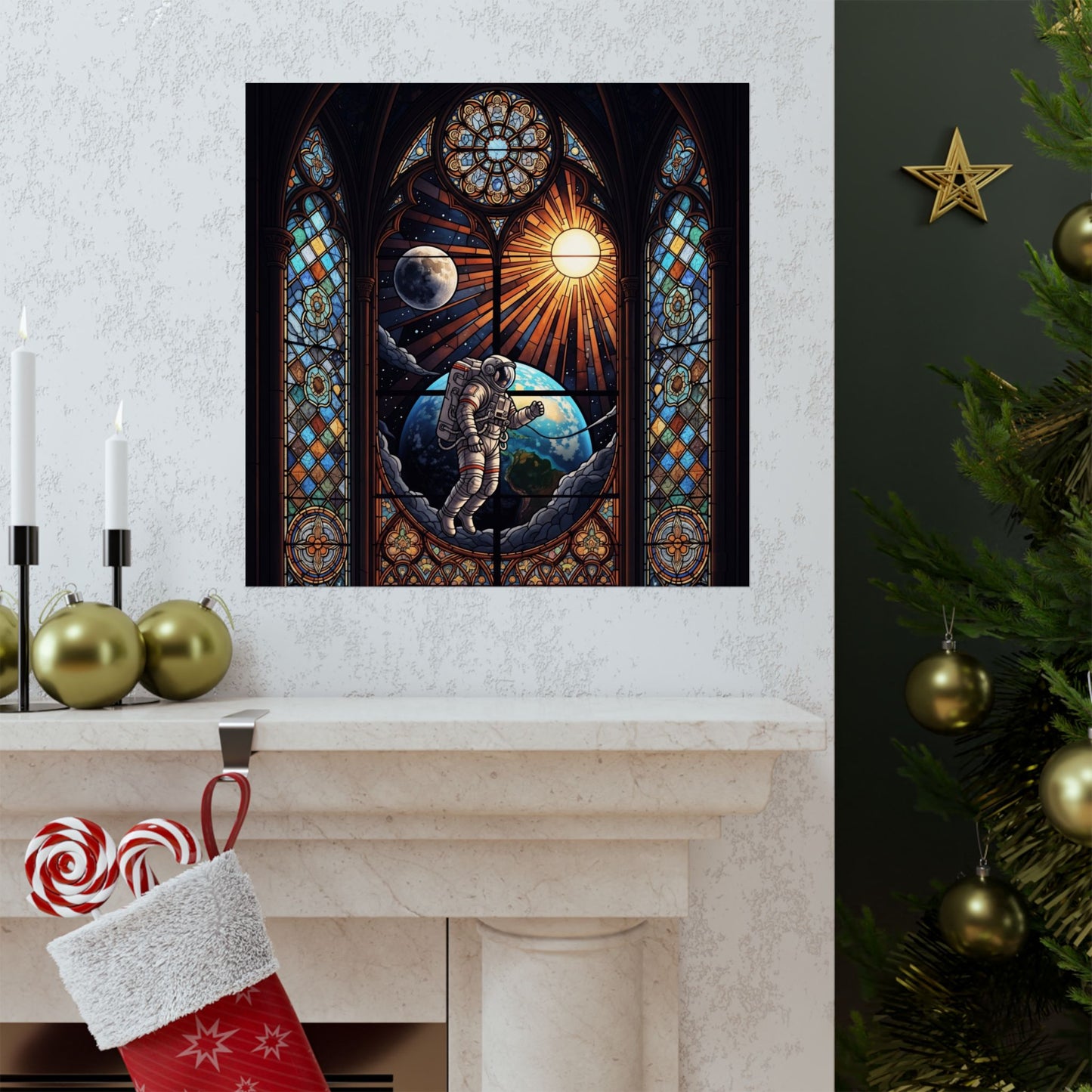 Astronaut Stained Glass Poster, Space Art Print, Celestial Wall Decor, Unique Gift for Space Lovers, Home Office Decoration