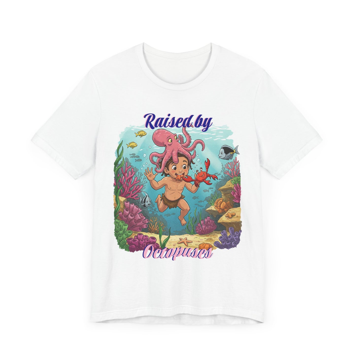 Ocean-Inspired Unisex Tee - Funny "Raised by Octopus", Fun Gift for Marine Lovers, Summer Beachwear, Cute Animal T-Shirt