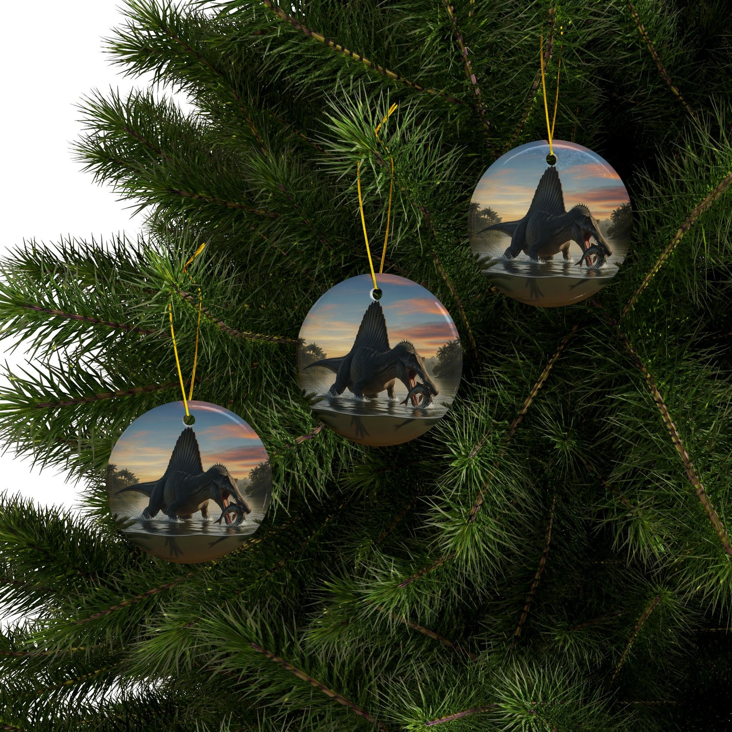 Spinosaurus Jurassic Era Dinosaur Ceramic Christmas Tree Ornaments, 2-Sided Keepsakes, Party Favors