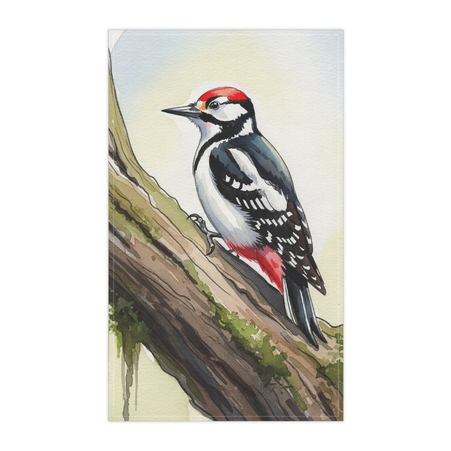 Woodpecker Tea Towel - Cotton Kitchen Towel, Housewarming Gift, Watercolor Design, Wedding Present, Bird Lover Home Decor