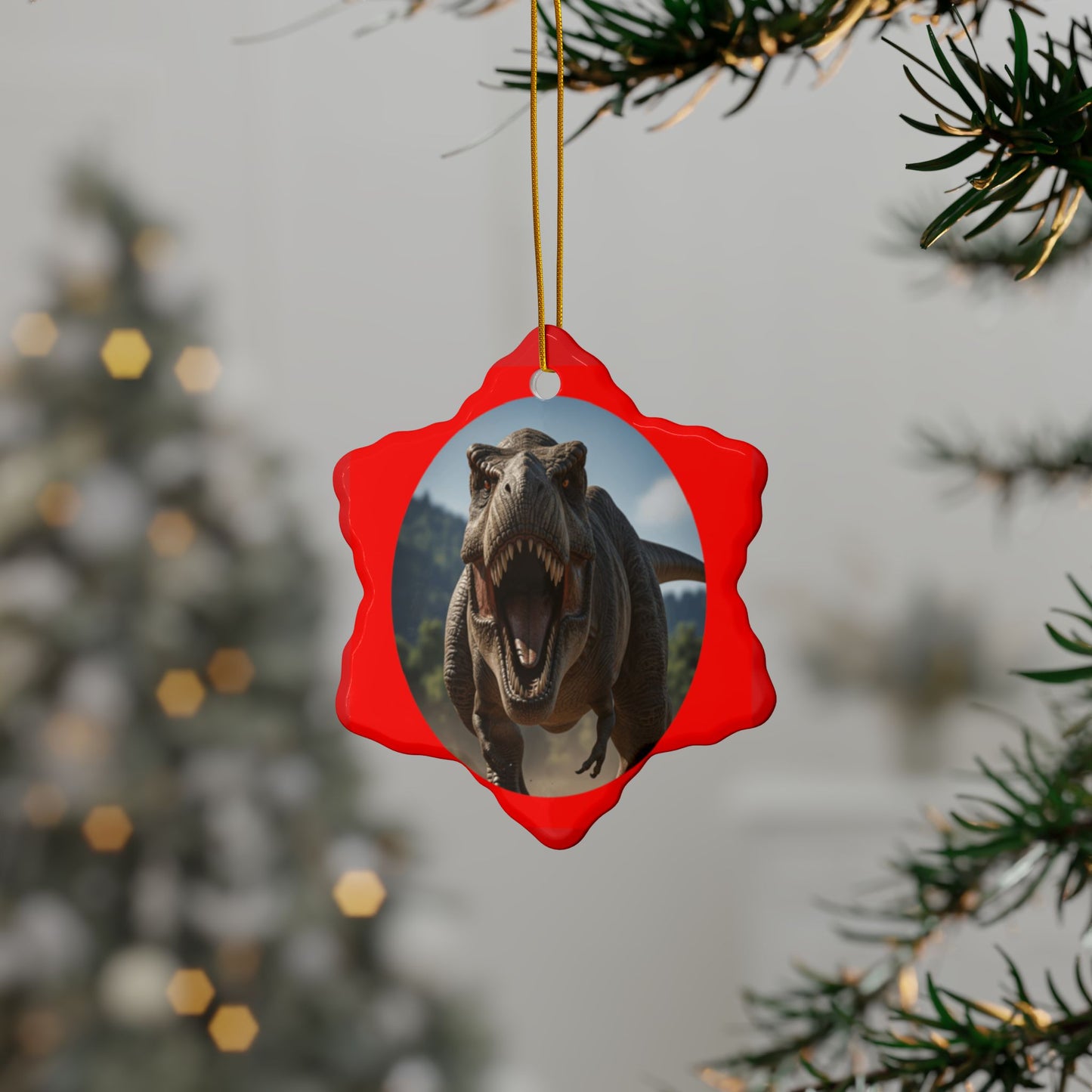 Roaring T-Rex Jurassic Era Dinosaur Ceramic Christmas Tree Ornaments, 2-Sided Keepsakes, Collectibles, Party Favors