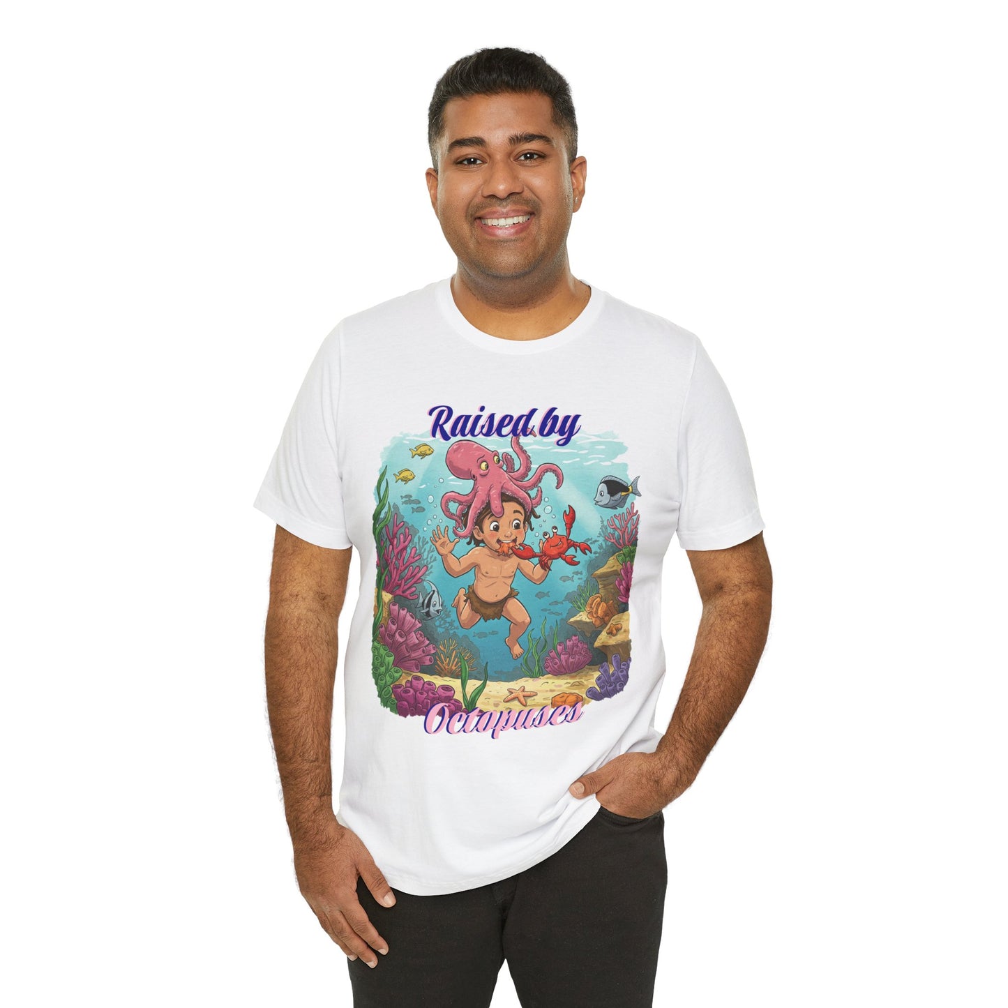 Ocean-Inspired Unisex Tee - Funny "Raised by Octopus", Fun Gift for Marine Lovers, Summer Beachwear, Cute Animal T-Shirt