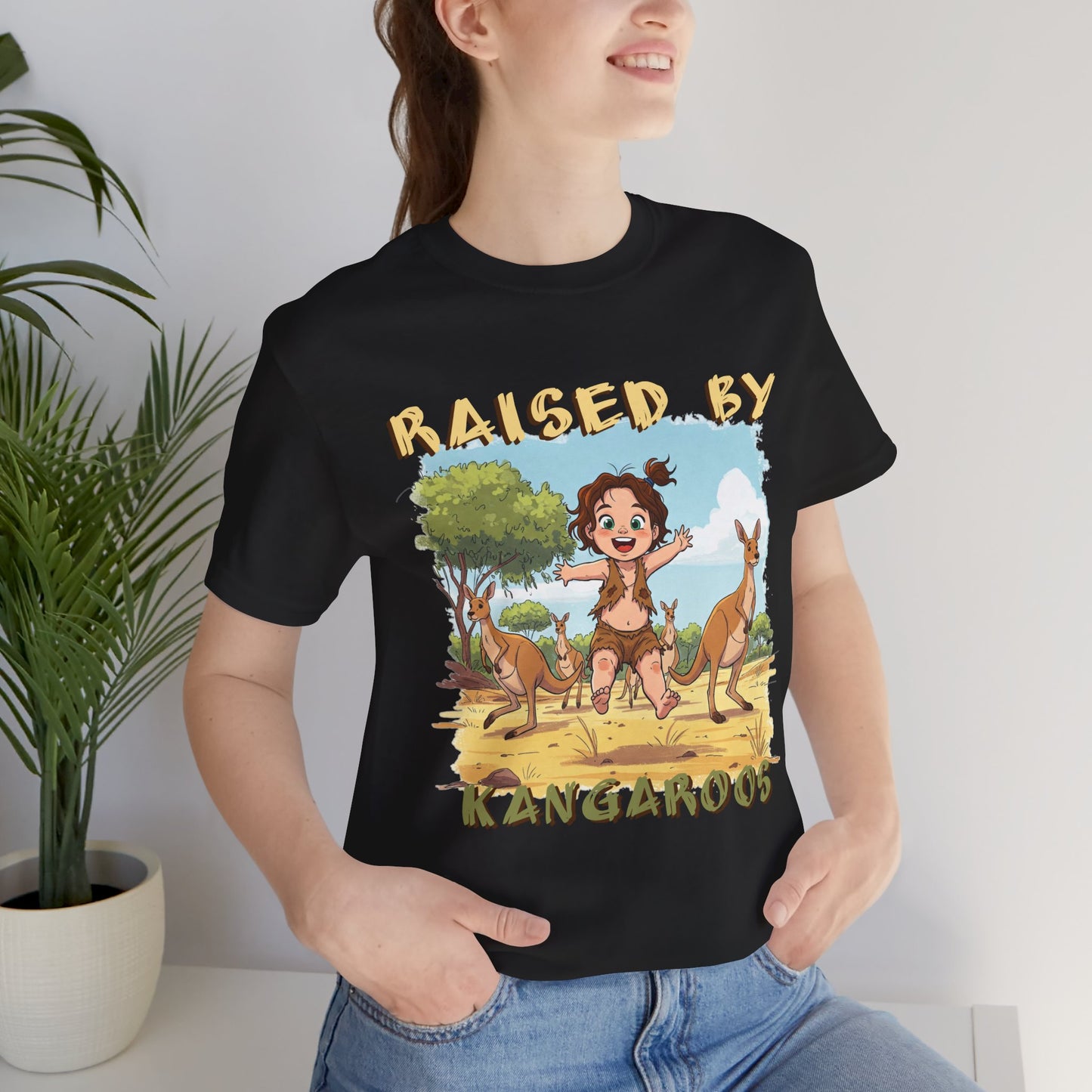 Cute, Funny Kangaroo Vibe Unisex Tee - "Raised by Kangaroos" (female character) - Australian Theme - Schmartypants