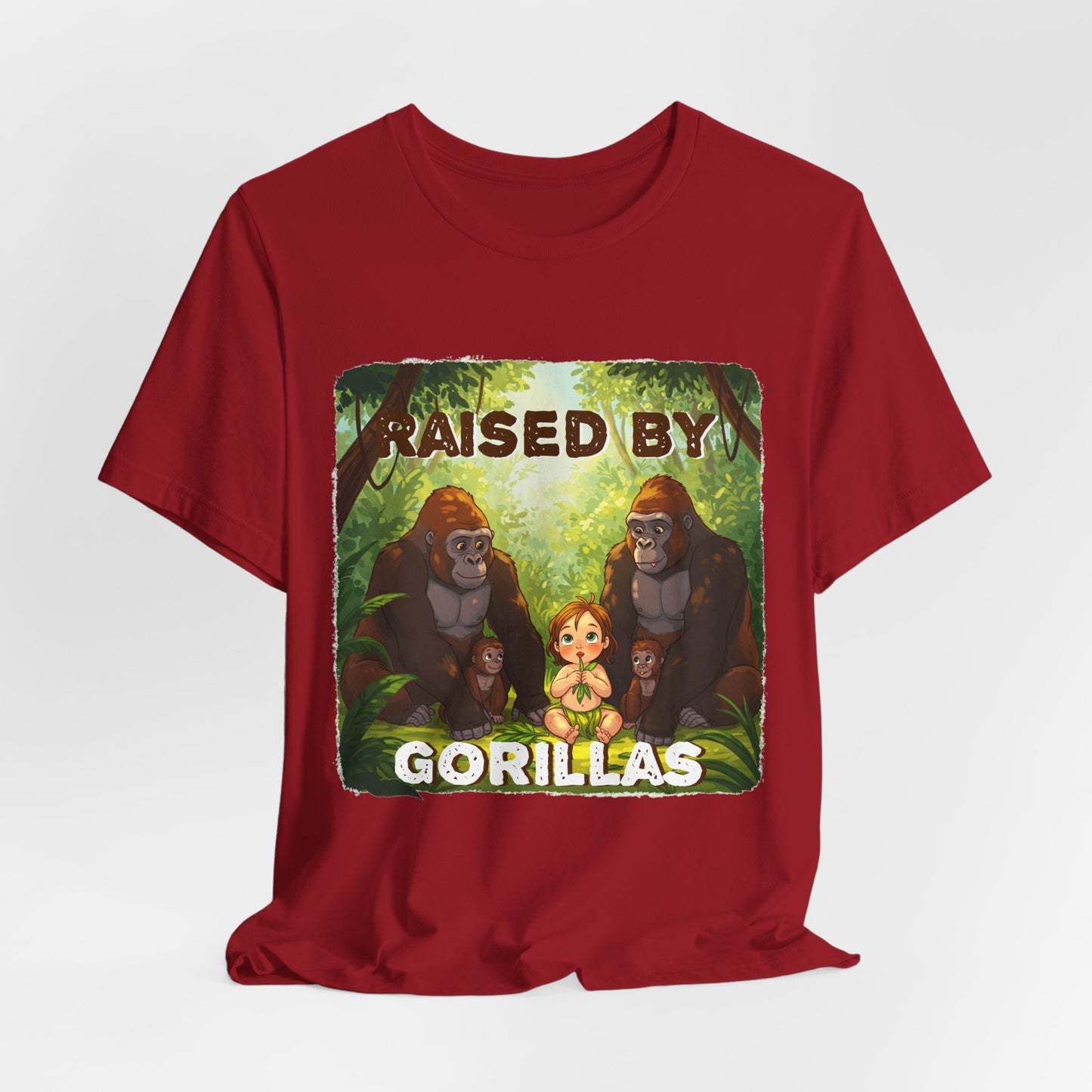 Funny Gorilla Graphic Tee - 'Raised by Gorillas' Unisex Jersey Shirt (Female character version) - Schmartypants