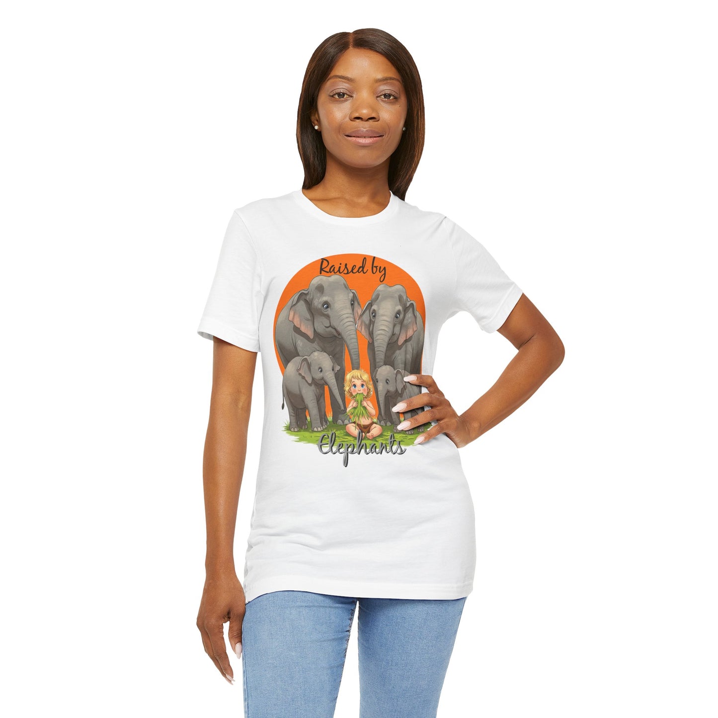 Funny Raised by Elephants Unisex Short Sleeve Tee - Perfect for Animal Lovers, Wildlife Fans (Women's Character version) - Schmartypants