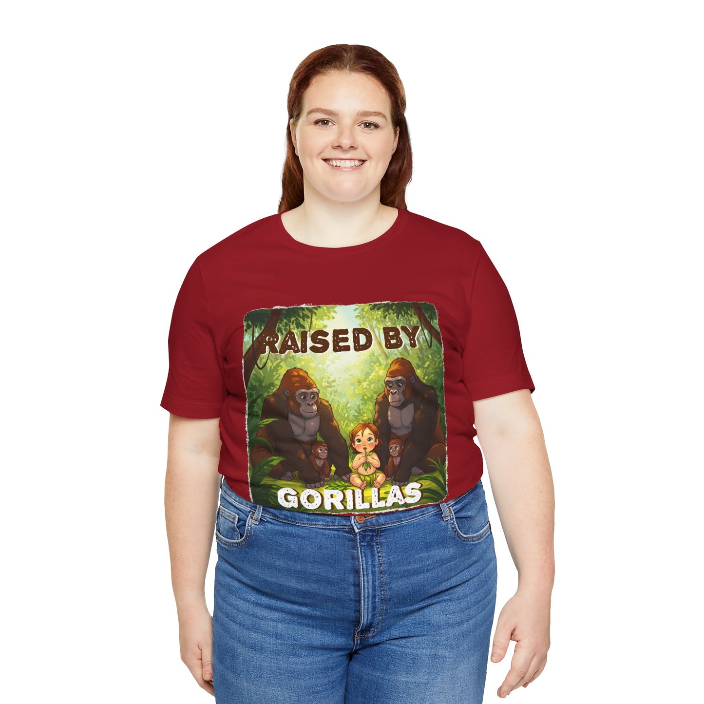Funny Gorilla Graphic Tee - 'Raised by Gorillas' Unisex Jersey Shirt (Female character version) - Schmartypants