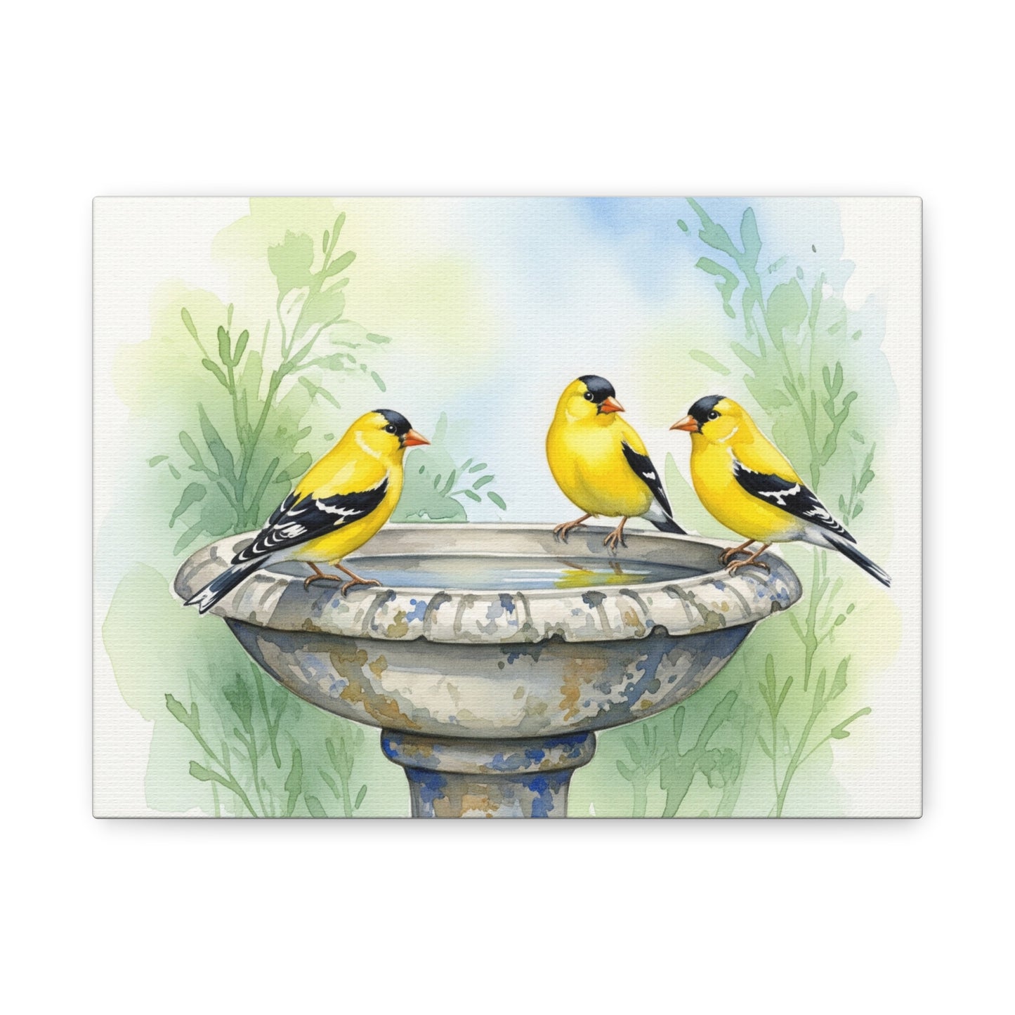 Goldfinches on Fountain Canvas Art, Nature Wall Decor, Yellow Finch Print, Home Decor, Gift for Bird Lovers, Spring Decoration