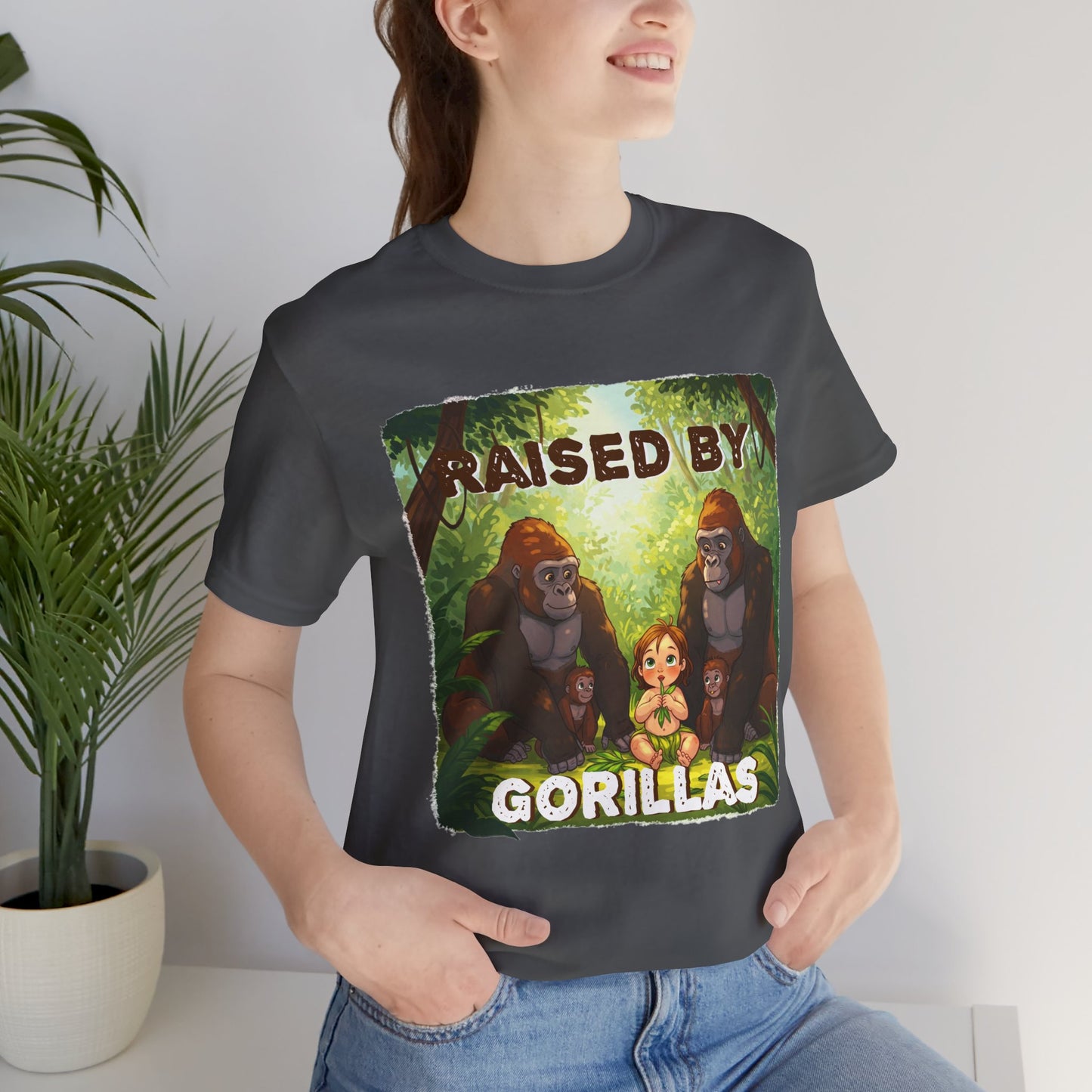 Funny Gorilla Graphic Tee - 'Raised by Gorillas' Unisex Jersey Shirt (Female character version) - Schmartypants
