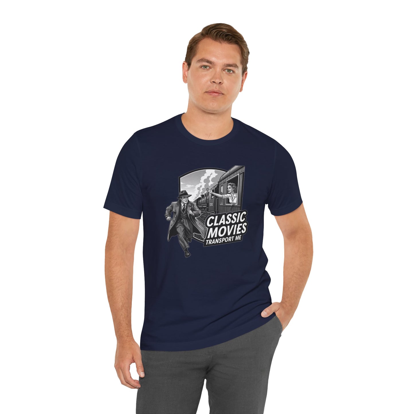 Classic Movies Transport Me Unisex Tee, Vintage Movie Lover Shirt, Locomotive T-Shirt, Film Buff Gift, Nostalgic Film Apparel