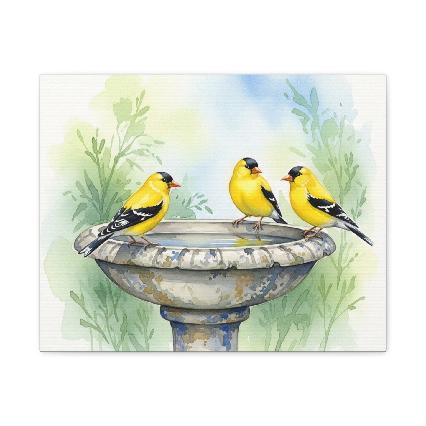 Goldfinches on Fountain Canvas Art, Nature Wall Decor, Yellow Finch Print, Home Decor, Gift for Bird Lovers, Spring Decoration