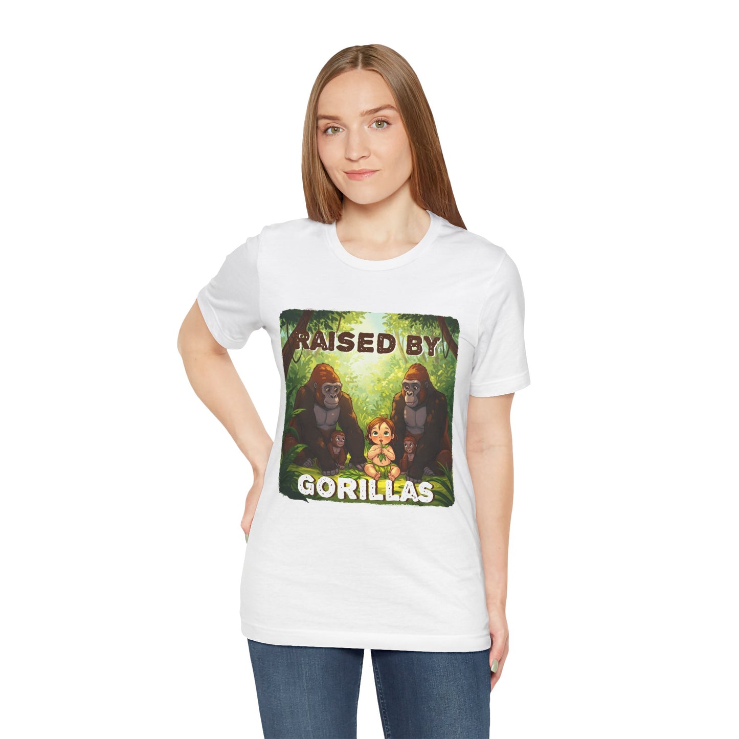 Funny Gorilla Graphic Tee - 'Raised by Gorillas' Unisex Jersey Shirt (Female character version) - Schmartypants