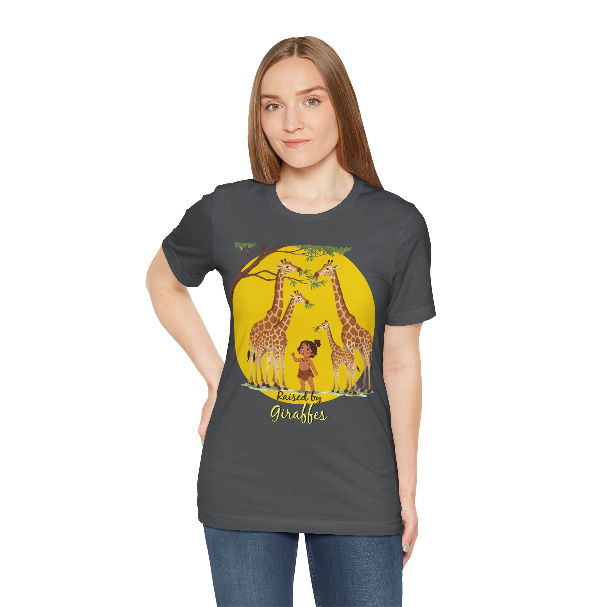 Raised by Giraffes Unisex T-Shirt - Funny Animal Lover Tee - Giraffe Lovers, Wildlife Enthusiasts (Female Character) - Schmartypants