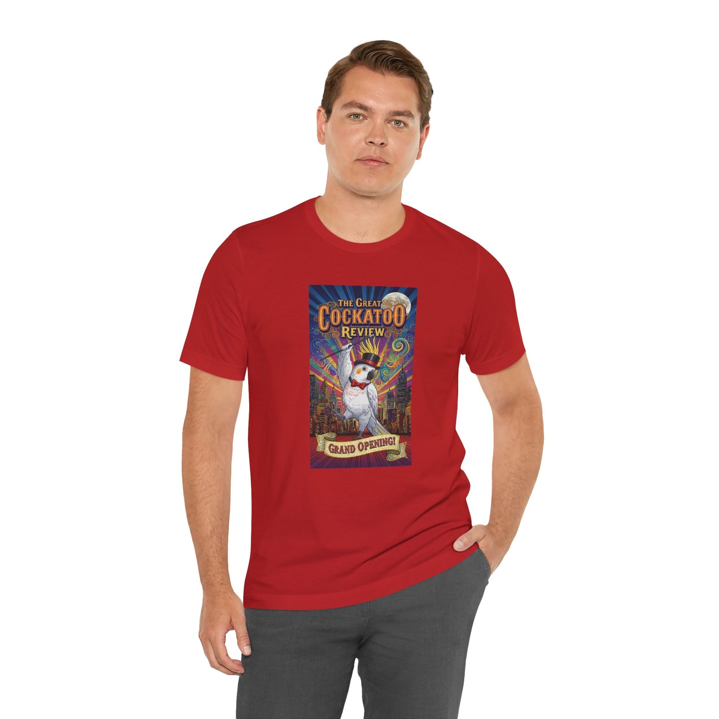 Grand Opening Cockatoo Review Tee - Funny Bird Graphic T-Shirt, Unique Gift for Cockatoo Owners, Casual Wear, Animal Lover Shirt