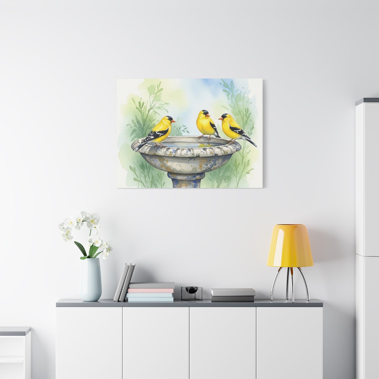 Goldfinches on Fountain Canvas Art, Nature Wall Decor, Yellow Finch Print, Home Decor, Gift for Bird Lovers, Spring Decoration