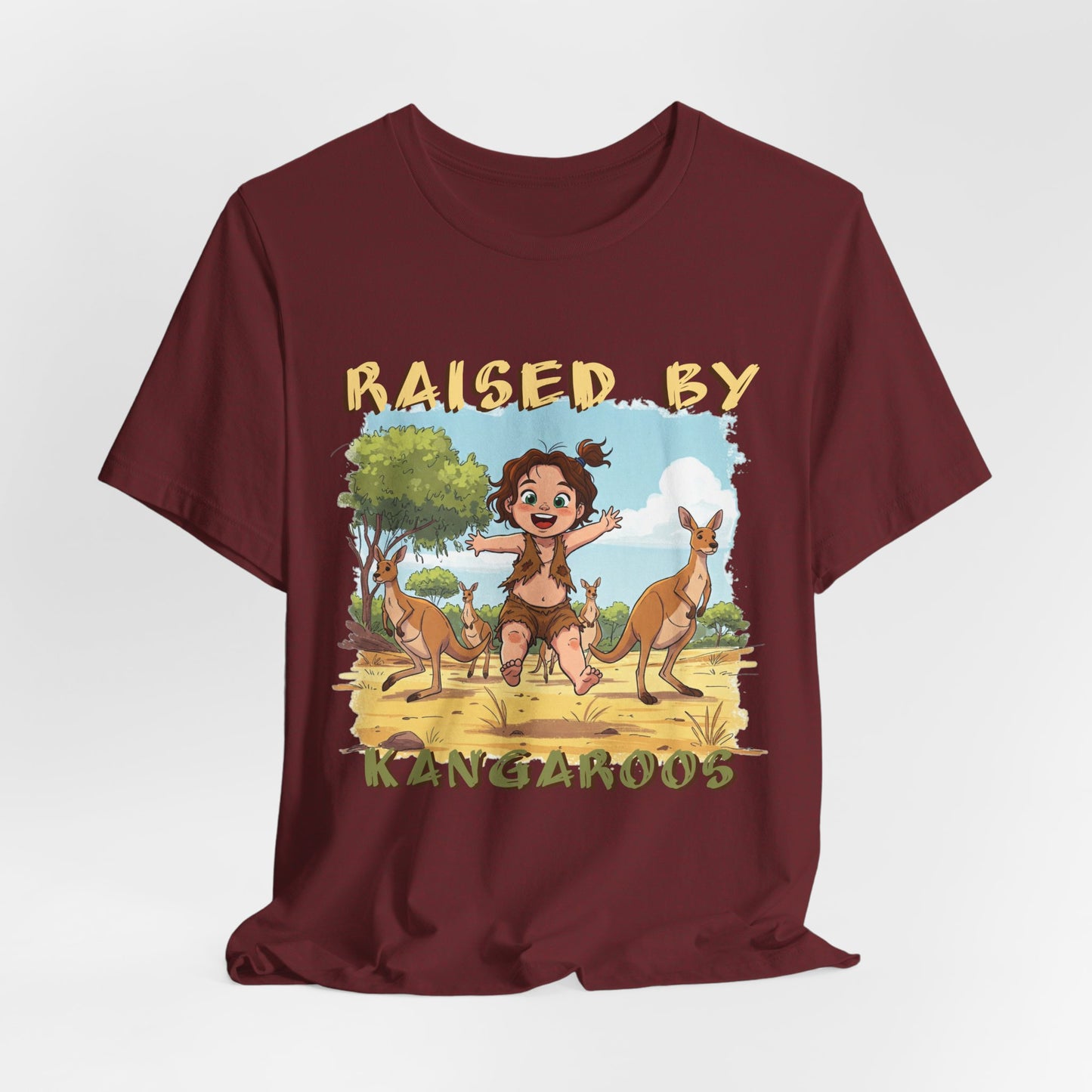 Cute, Funny Kangaroo Vibe Unisex Tee - "Raised by Kangaroos" (female character) - Australian Theme - Schmartypants