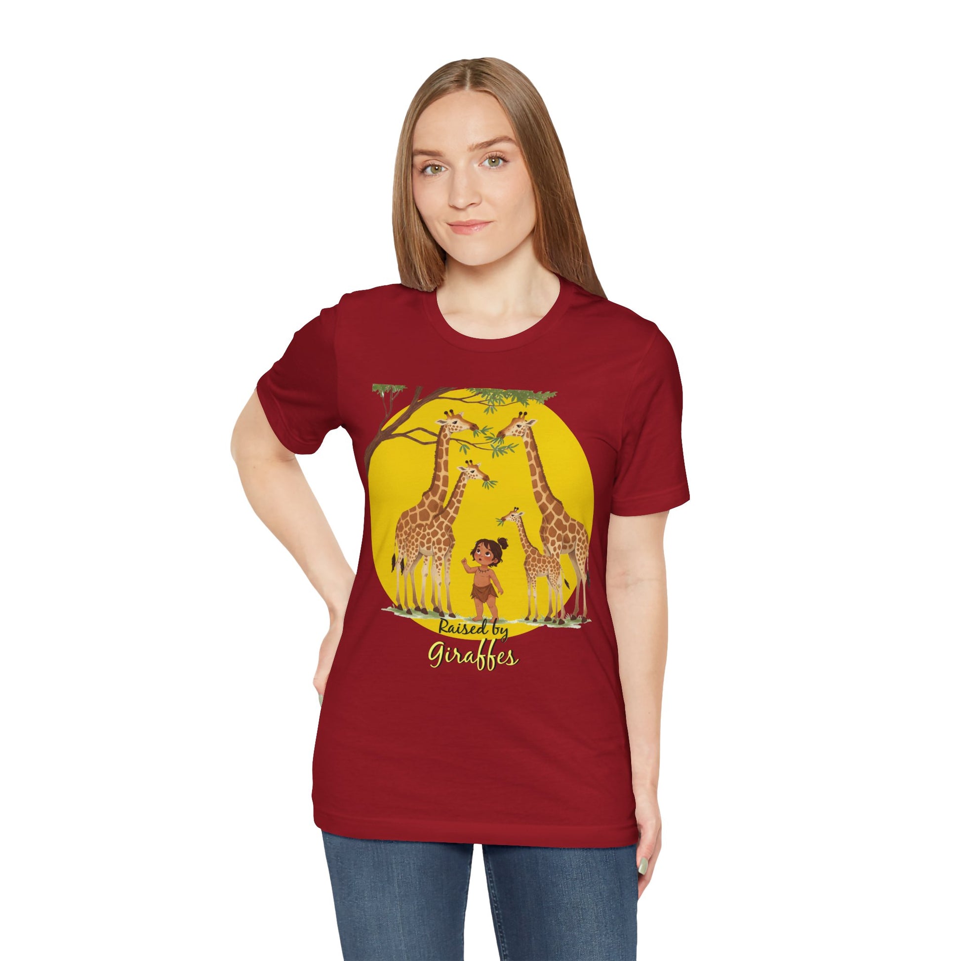 Raised by Giraffes Unisex T-Shirt - Funny Animal Lover Tee - Giraffe Lovers, Wildlife Enthusiasts (Female Character) - Schmartypants