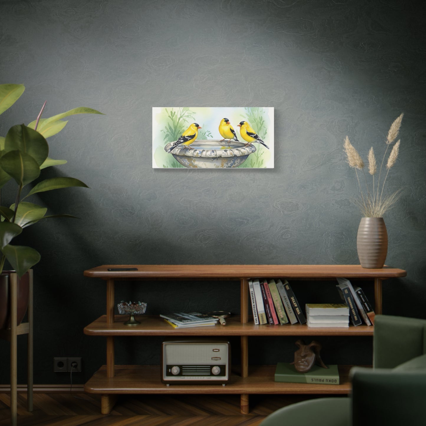 Goldfinches on Fountain Canvas Art, Nature Wall Decor, Yellow Finch Print, Home Decor, Gift for Bird Lovers, Spring Decoration