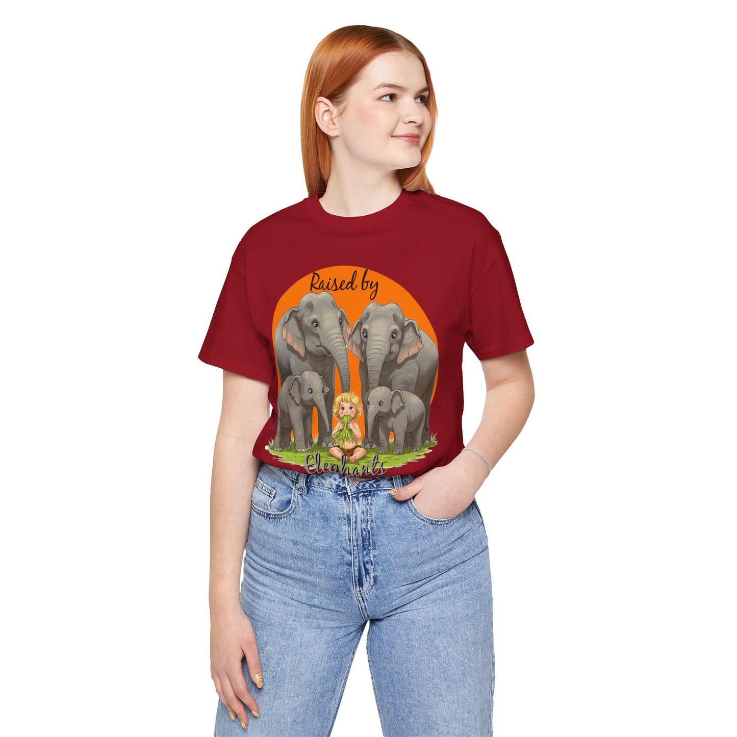 Funny Raised by Elephants Unisex Short Sleeve Tee - Perfect for Animal Lovers, Wildlife Fans (Women's Character version) - Schmartypants