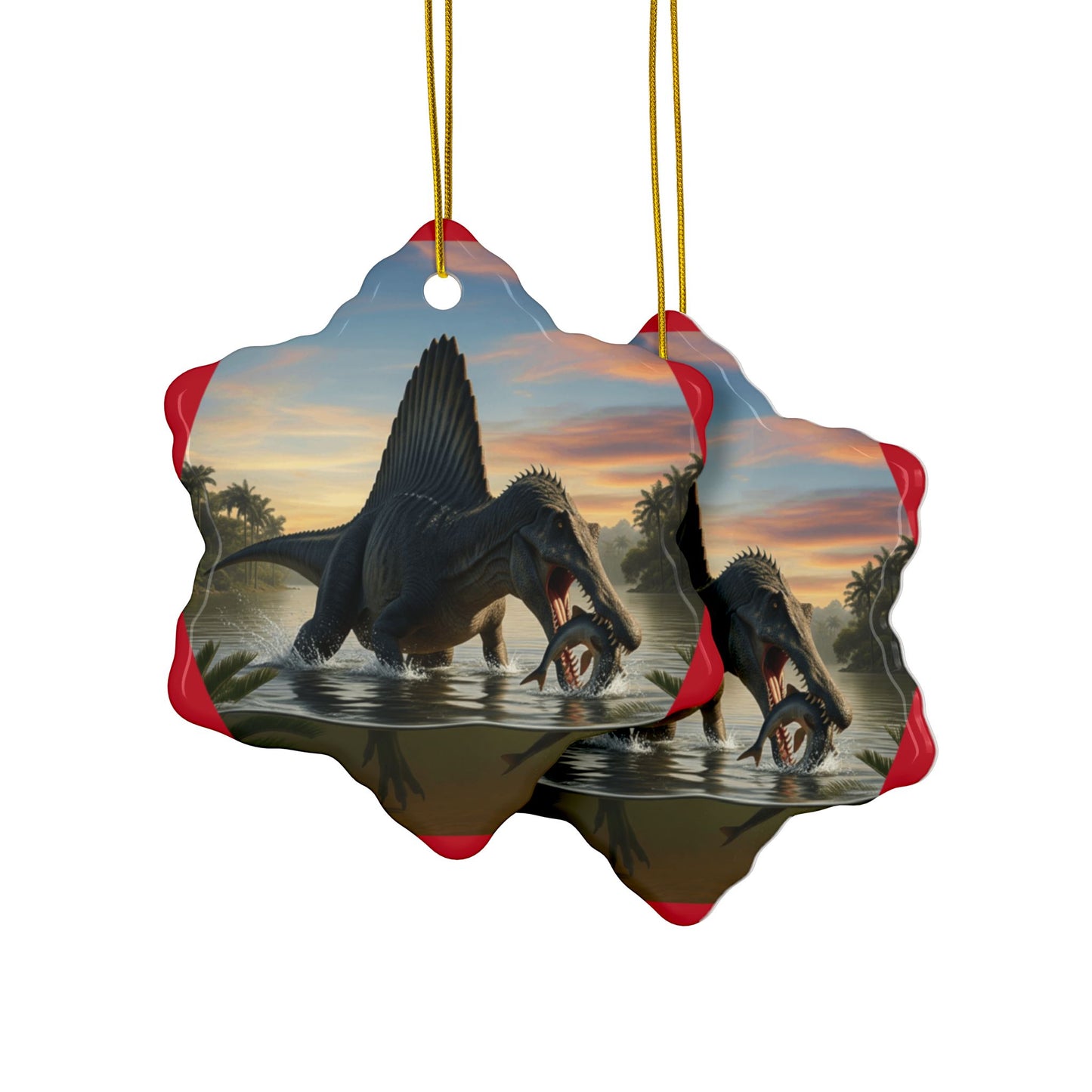Spinosaurus Jurassic Era Dinosaur Ceramic Christmas Tree Ornaments, 2-Sided Keepsakes, Party Favors
